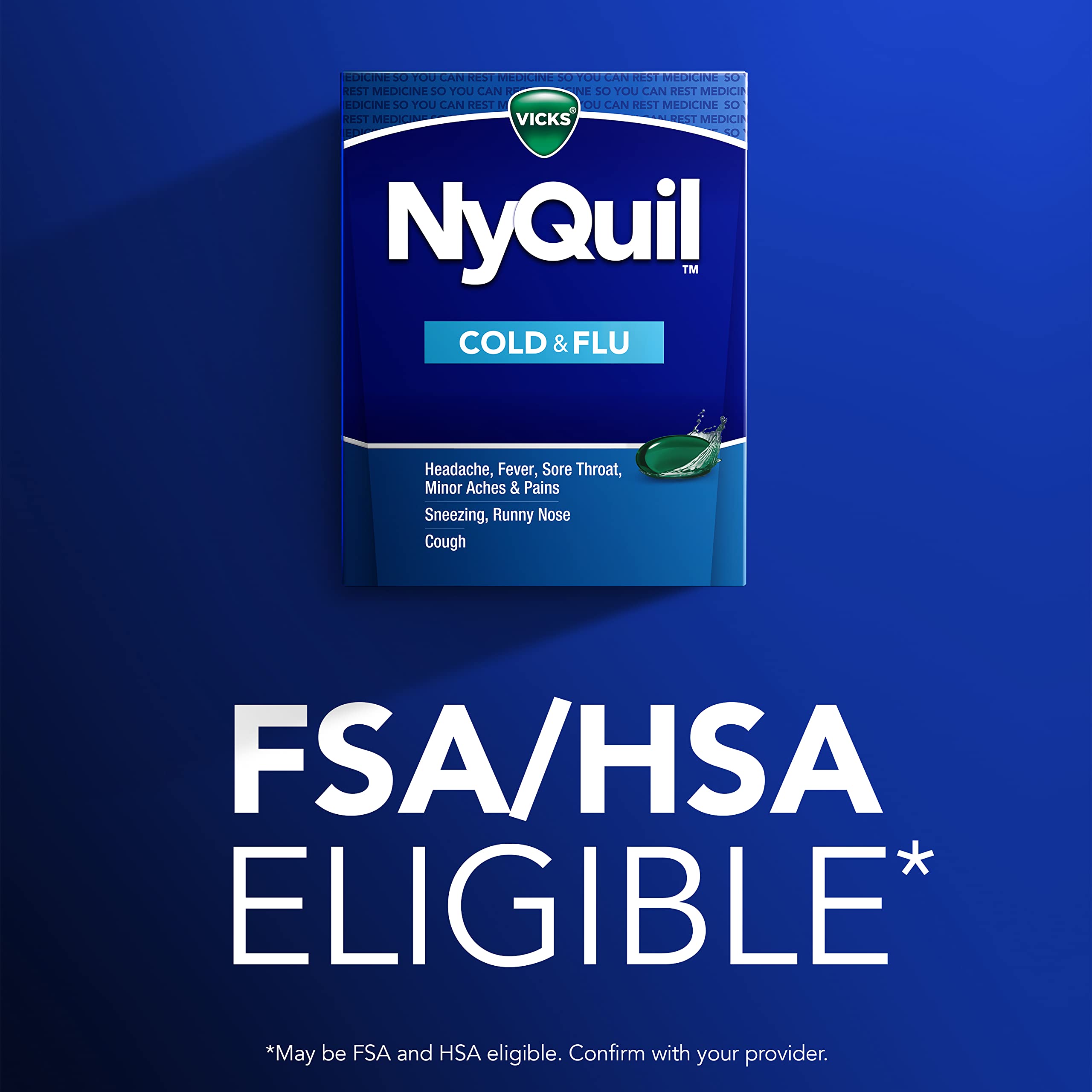VICKS NyQuil Cold & Flu Relief Over-the-Counter Medicine, Powerful Multi-Symptom Nighttime Relief for Headache, Fever, Sore Throat, Minor Aches & Pains, Sneezing, Runny Nose, and Cough, 48 LiquiCaps
