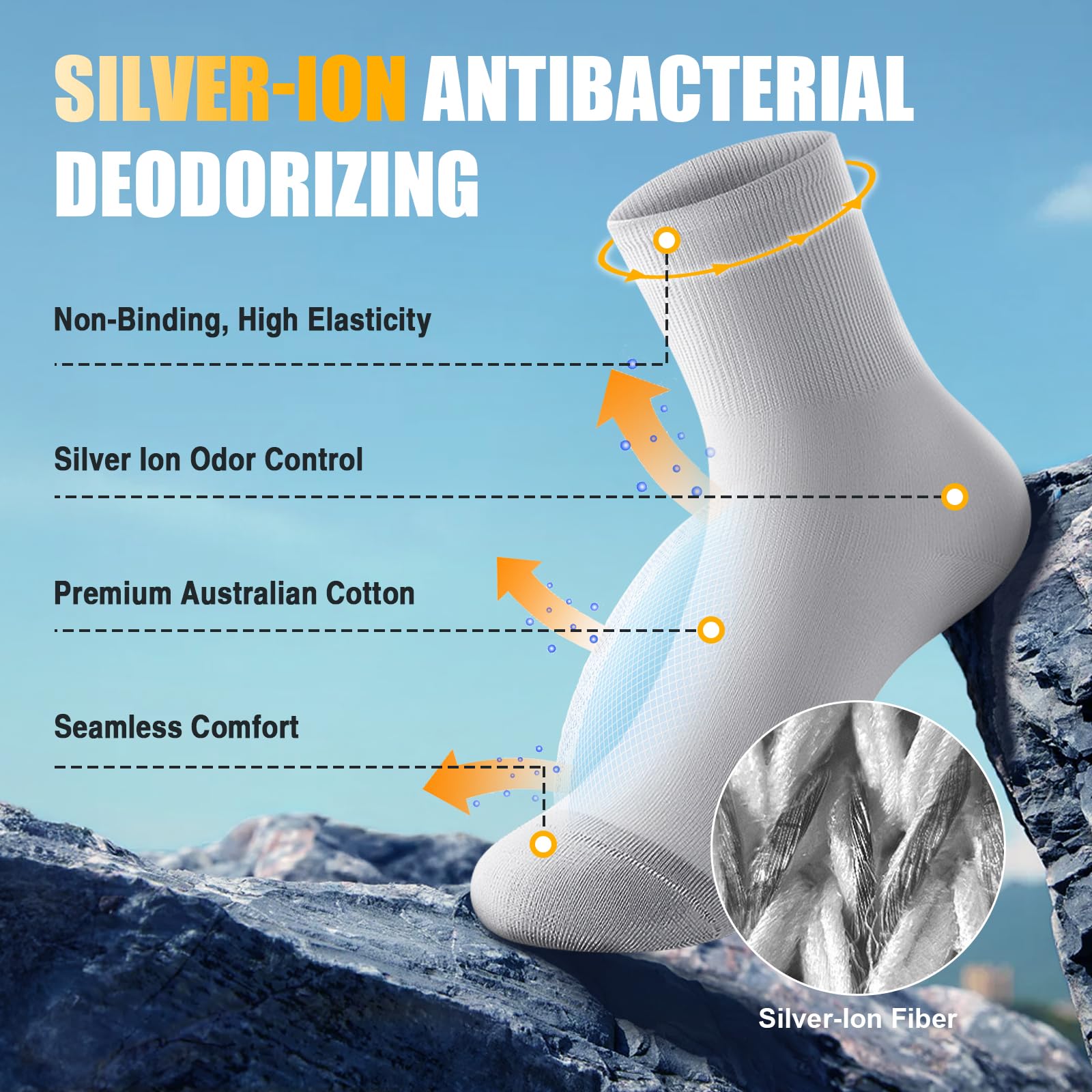 KAVOBO Men's Silver Ion Moisture Wicking Socks - Odor Control Defense Mid-Calf, Breathable Cotton Gift Pack