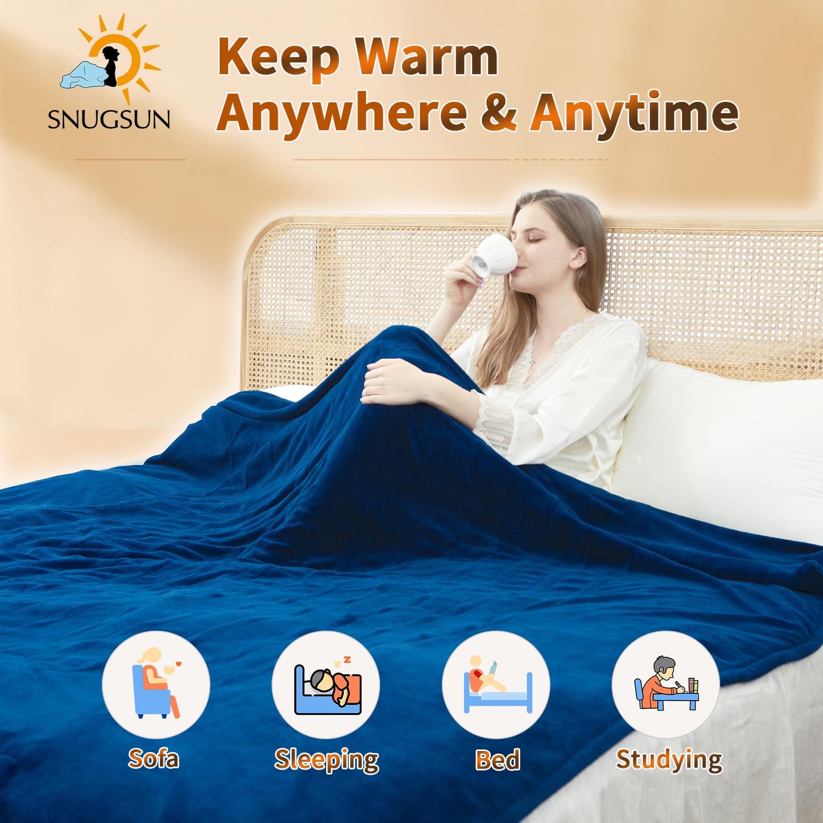 SNUGSUN Heated Blanket Twin Size 62"x 84", Microplush Flannel Electric Blanket, Soft Durable & Anti-Pilling Heating Blanket, Fast Heating ETL & FCC, 6 Heating Levels &10 Hours Auto-Off, Pageant Blue