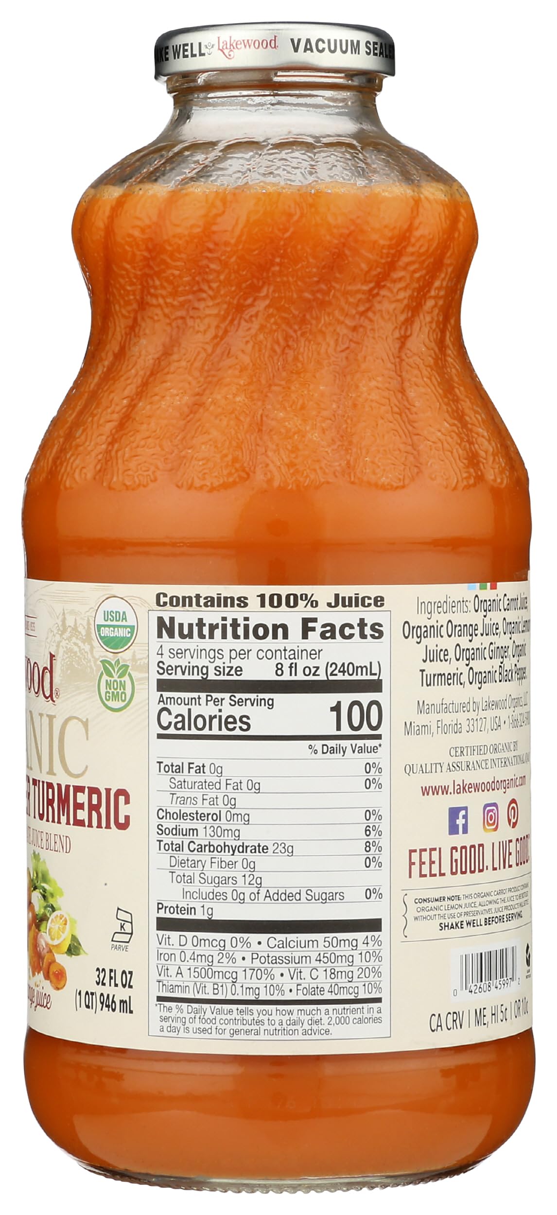 Lakewood Organic Carrot Ginger Turmeric Juice, 32 FZ
