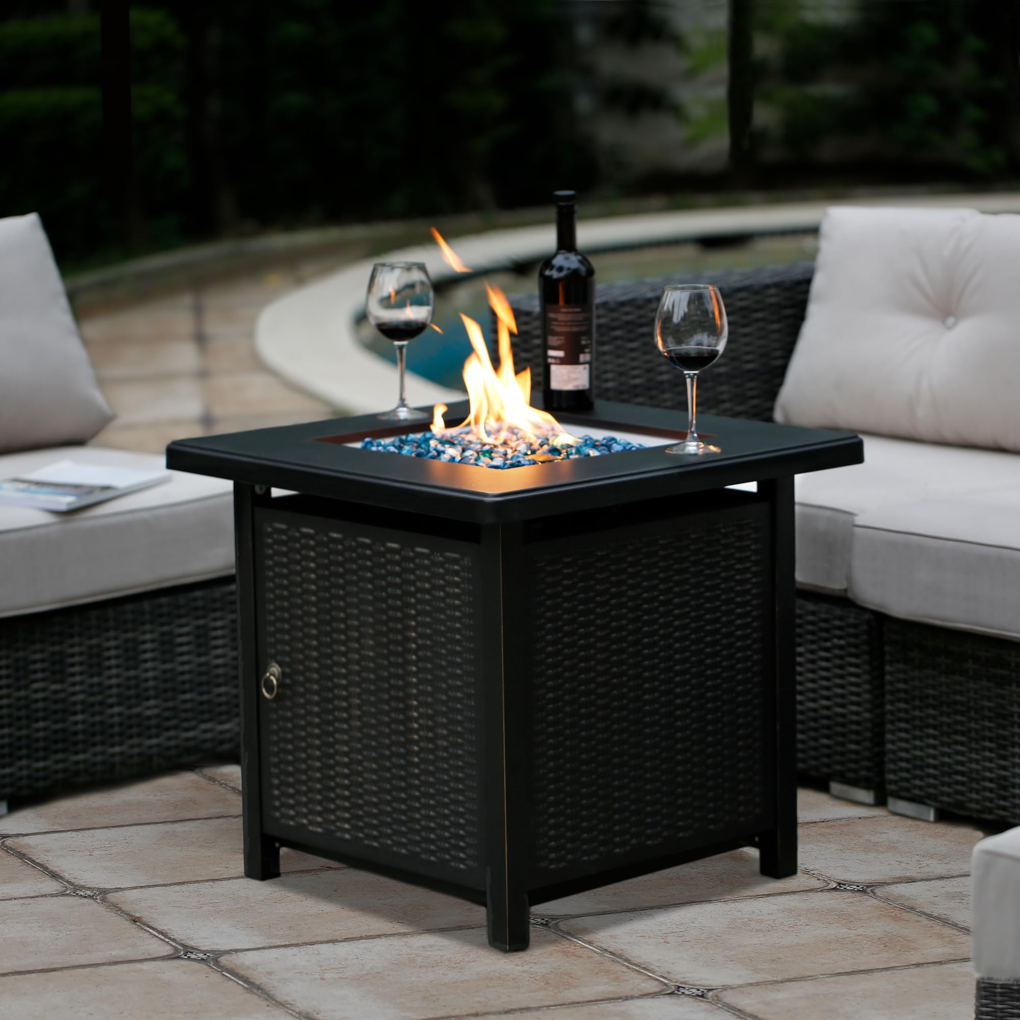 BALI OUTDOORS 28 Inch Propane Fire Pit Table, Rattan & Wicker-Look 50,000 BTU Gas Firepits with Blue Fire Glass for Outside Patio and Garden