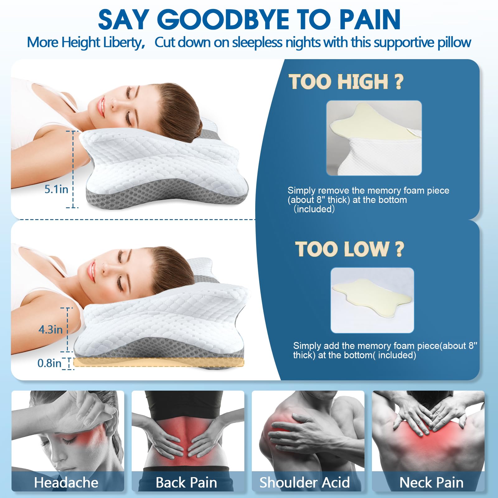 CHxxy Memory Foam Pillows, Cervical Pillow for Neck and Shoulder Pain Relief, Ergonomic Contour Bed Pillow, Soft for Side Sleep Stomach Sleeping and Back Sleeper