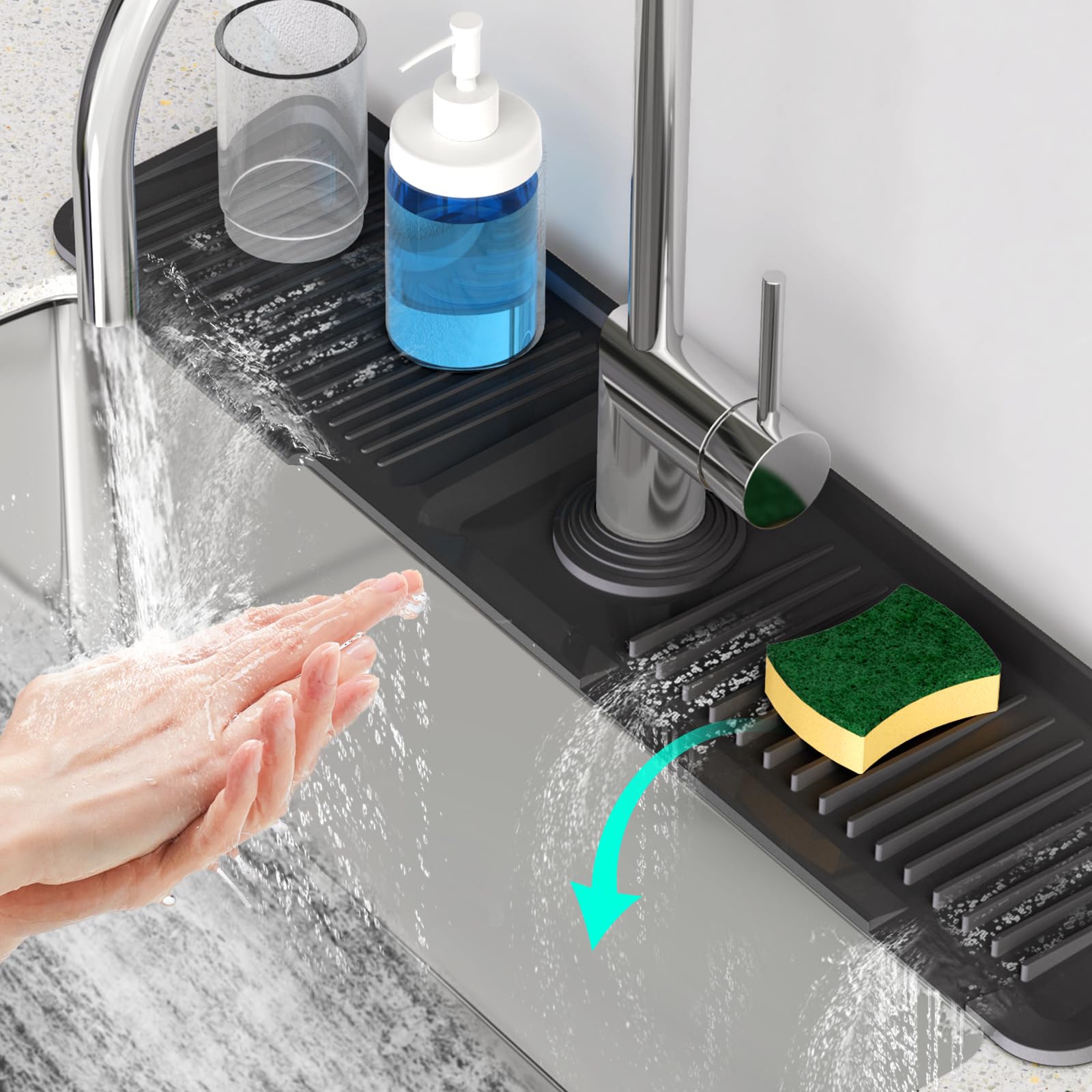 24 Inch Longer Faucet Mat for Kitchen Sink, 5° Slope Fast Self-draining, Kitchen Sink Splash Guard Silicone Sink Faucet Mat Splash Guard Kitchen Sink Area Tidy Splash Faucet Guard Draining Mat