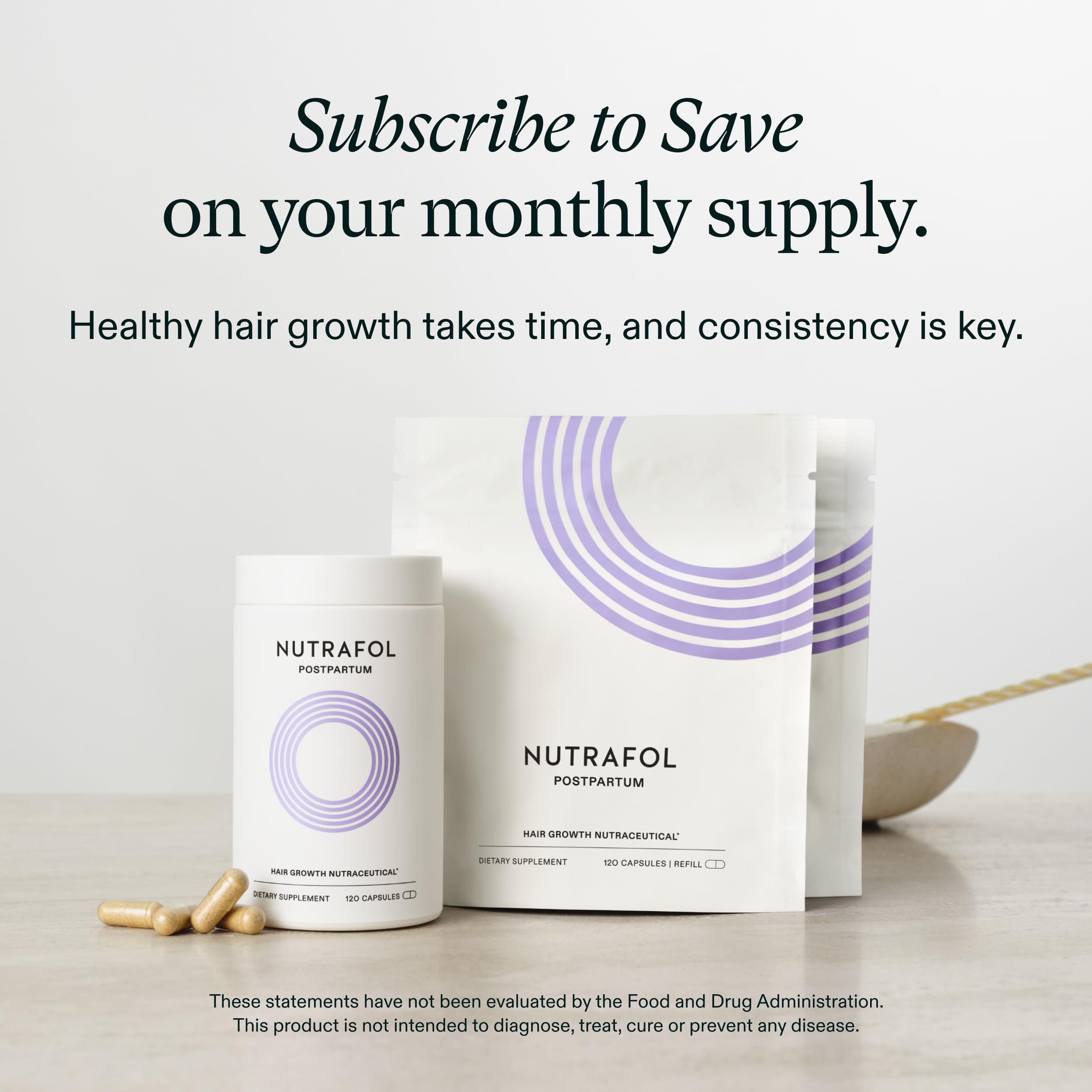 Nutrafol Postpartum Hair Growth Supplements, Clinically Tested for Visibly Thicker Hair and Less Shedding, Breastfeeding-Friendly - 2 Month Supply, 2 Refill Pouches