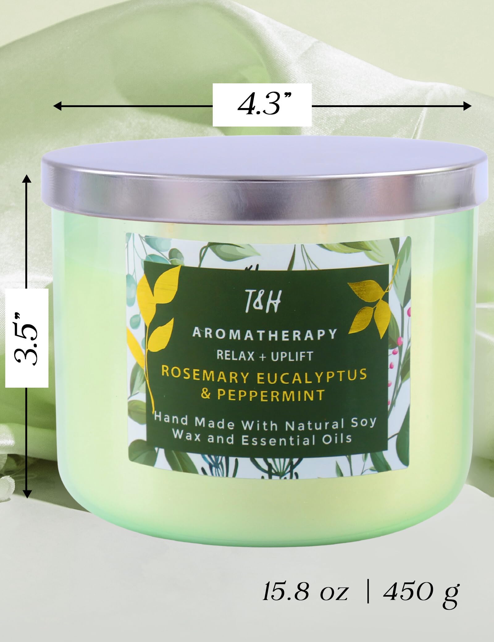Rosemary Eucalyptus Peppermint Candle | Highly Scented Large 3 Wick Soy Candle 15.8 oz | Uplifting Fresh Eucalyptus Mint Scented Candle for Home | Aromatherapy Stress Relief Candle for Women & Men