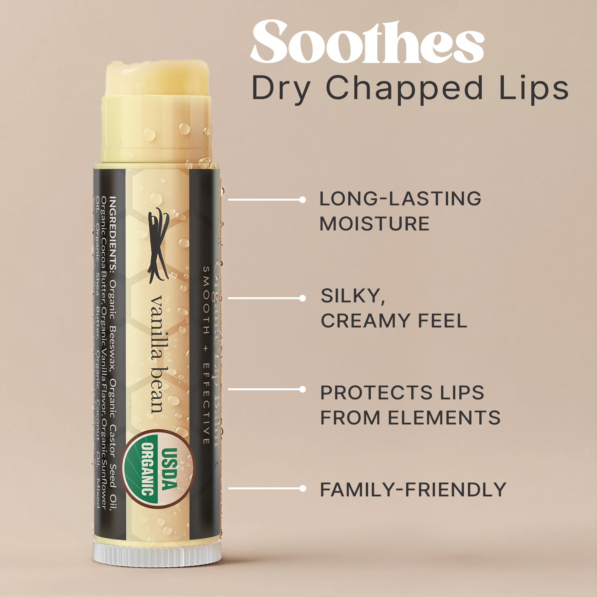 USDA Organic Lip Balm - USA Made & All Natural, Beeswax Vanilla Chapstick for Dry Lips, Gifts for Women, Birthday Gifts for Her & Him, Hydrating Lip Balm Beauty Gifts, Natural Chapstick