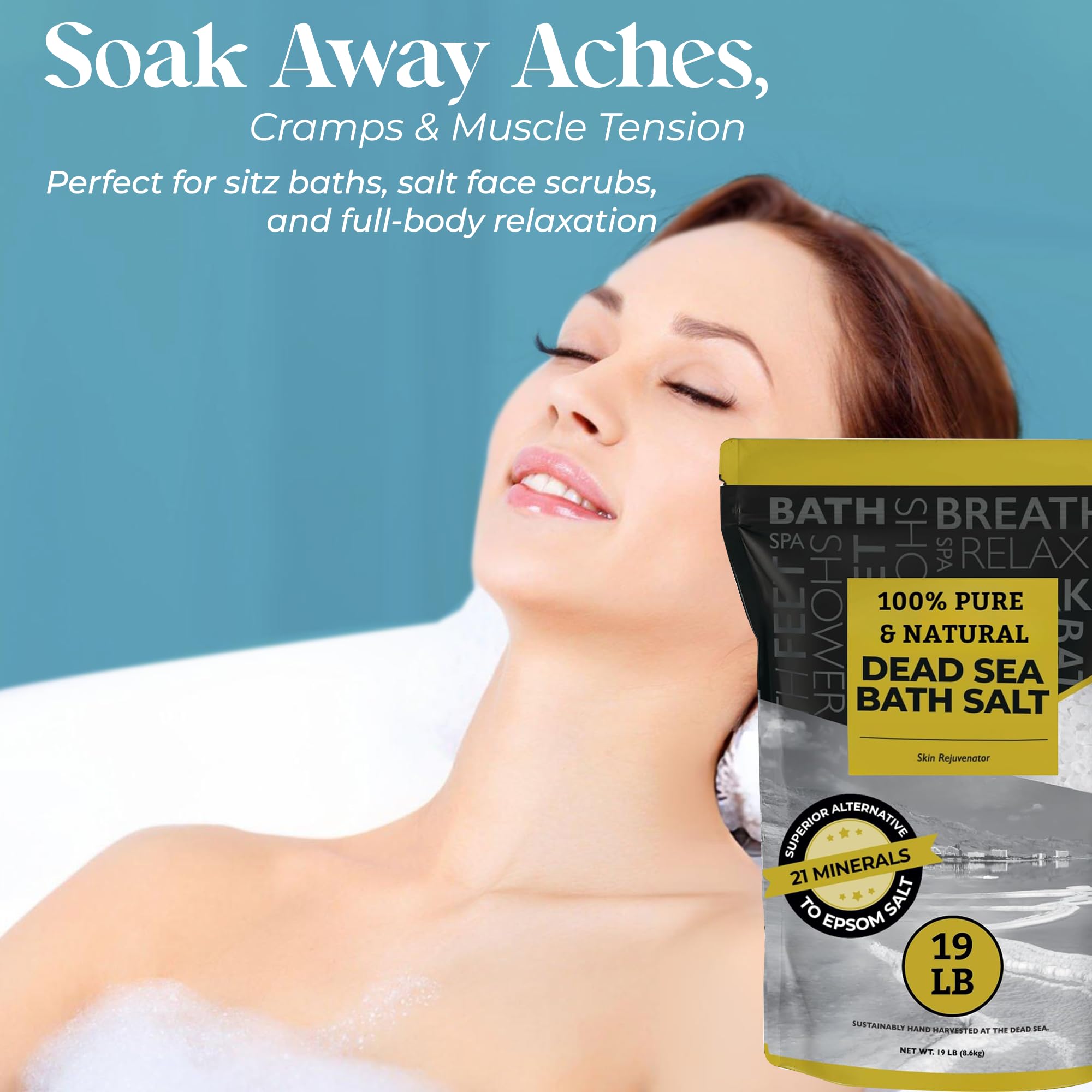 Aromasong Dead Sea Salt, Fine Grain Bath Salt Soak, 19 Lbs (5 x 19 lb. Bags) Bulk resealable Pack.