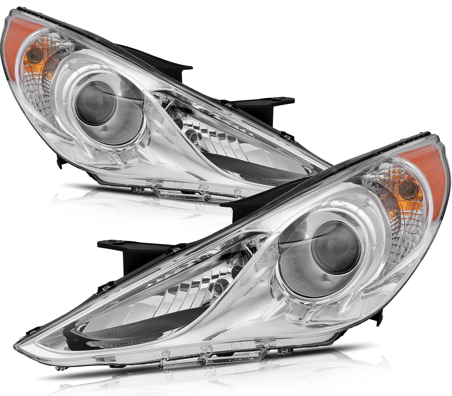 LBRST Headlight Assembly with Project for Hyundai Sonata 2011-2014 Chrome Housing Amber Reflector Clear Lens Driver and Passenger Side Headlamp