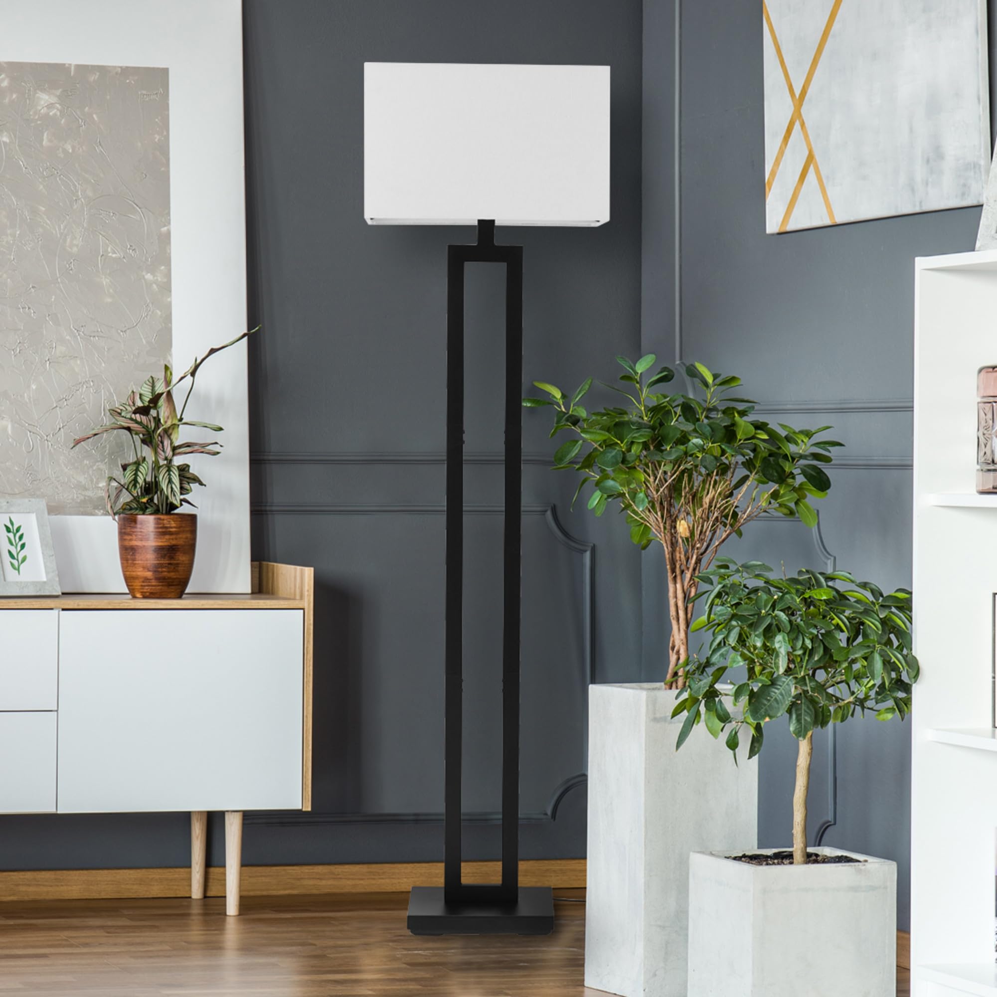 Globe Electric 67046 58" Floor Lamp, Matte Black, White Linen Shade, On/Off Socket Rotary Switch, Standing, Living Room Decor, Bedroom, Tall, Corner Light