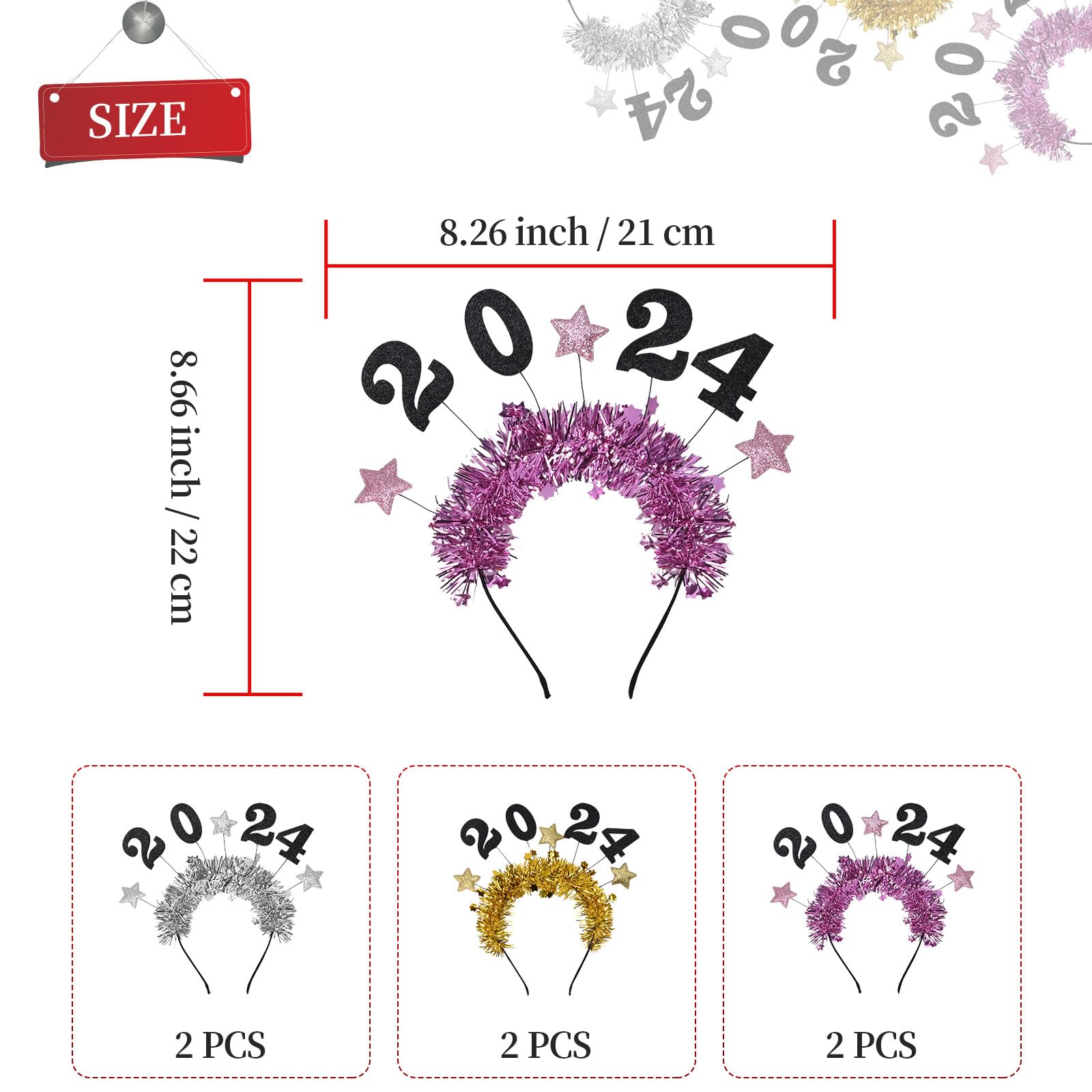 6Pcs Happy New Year Star Headband, 2024 New Year Headband, Glitter Star Sequins Headband, Star Tinsel Hairband, Glitter Hair Hoops, Tiara for 2024 New Years Eve Christmas