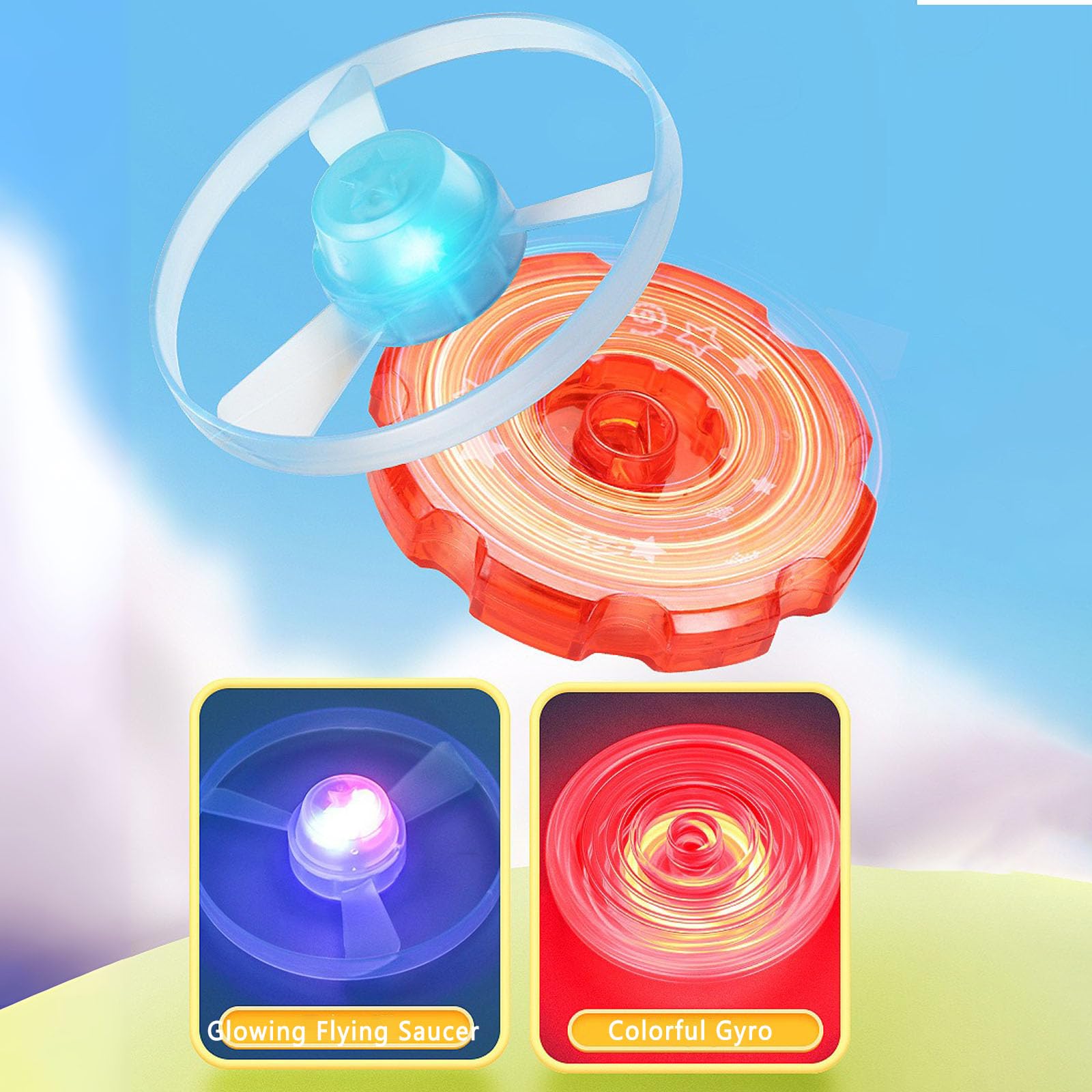 Vilbocr Flying Disc Launcher Toy,Fun and Easy-to-Use Outdoor Toys Outside Yard Games Kids 3-8,1 Flying Saucer & 6 Discs and Gyroscope(2 Glow in The Dark),Launch up to 32 ft (Green)