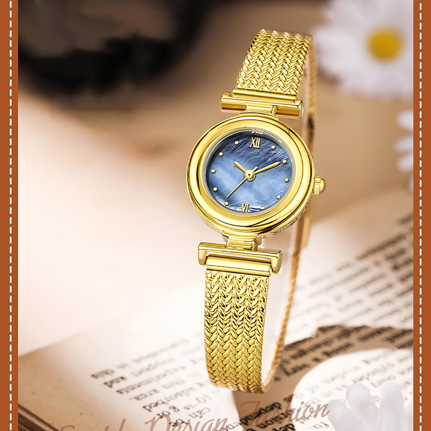 BESTKANG Elegant Women's Watch with Stainless Steel Mesh Band - Stylish Minimalist Design, Water-Resistant, Perfect for Casual & Formal Occasions (Gold Blue)
