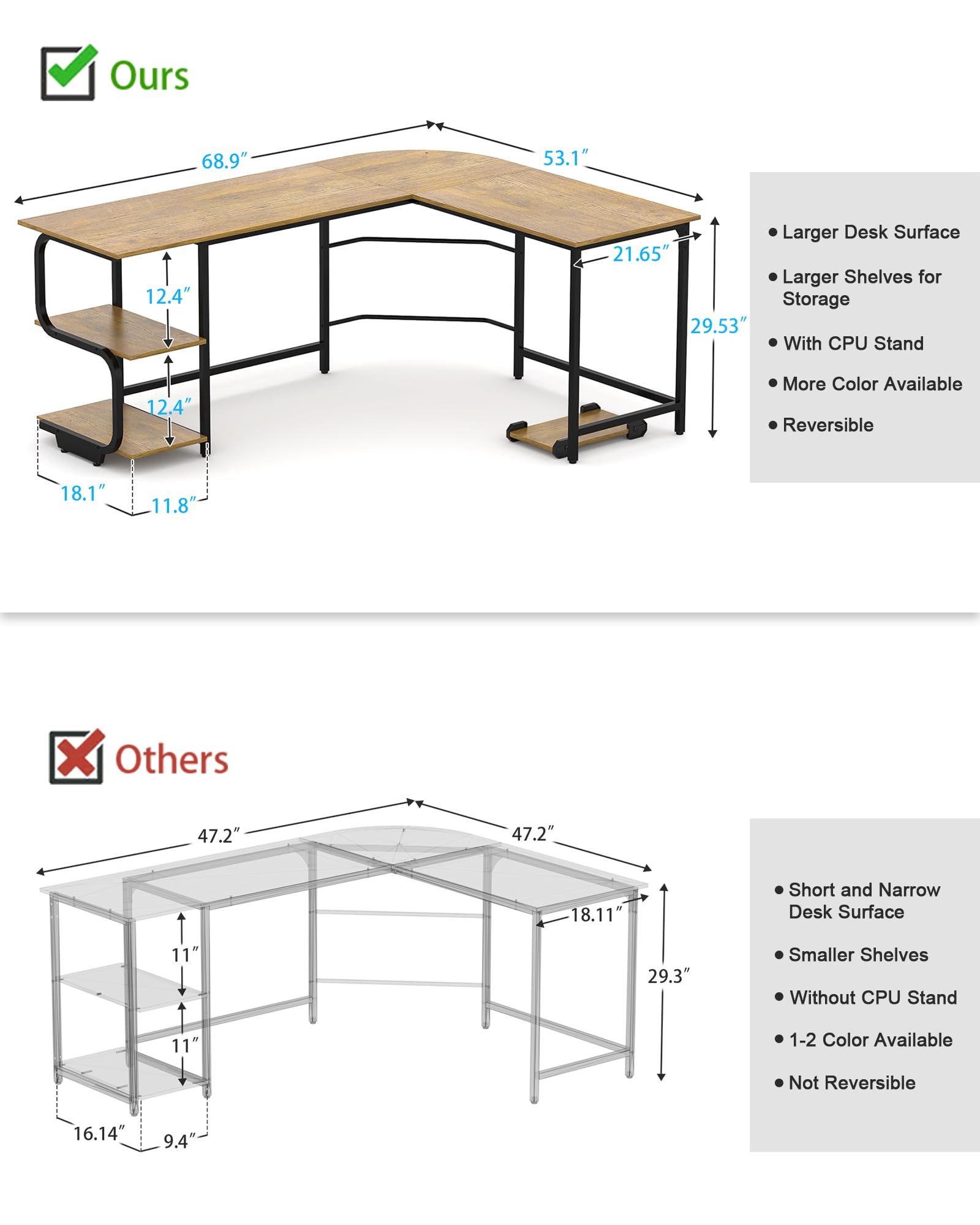 Teraves Reversible L Shaped Desk with Large Surface, 69 Inch Sturdy Corner Desk with Storage Shelves, Premium Office Computer Desk for Home Office Gaming