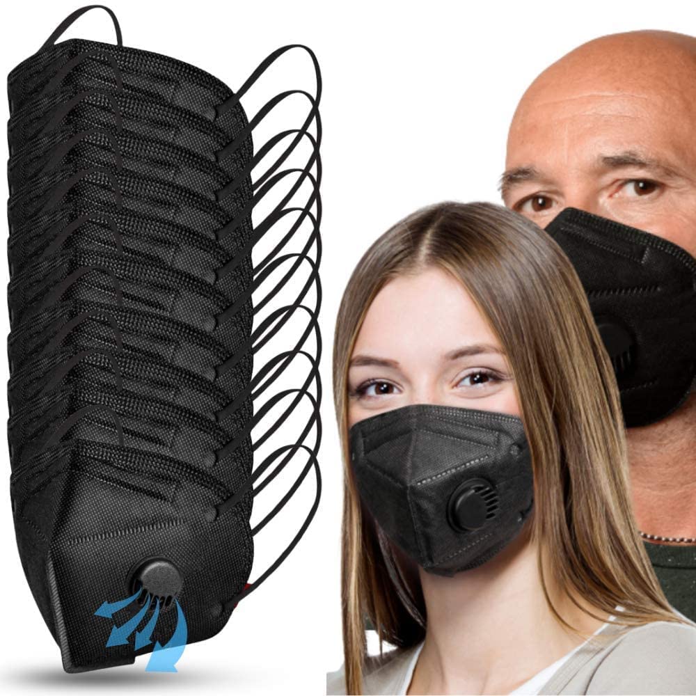 Face mask black disposable with breathing-valve 10 pack | black face masks for men and woman 5 layer | disposable face mask for protection | breathable sport face mask lightweight comfortable on skin
