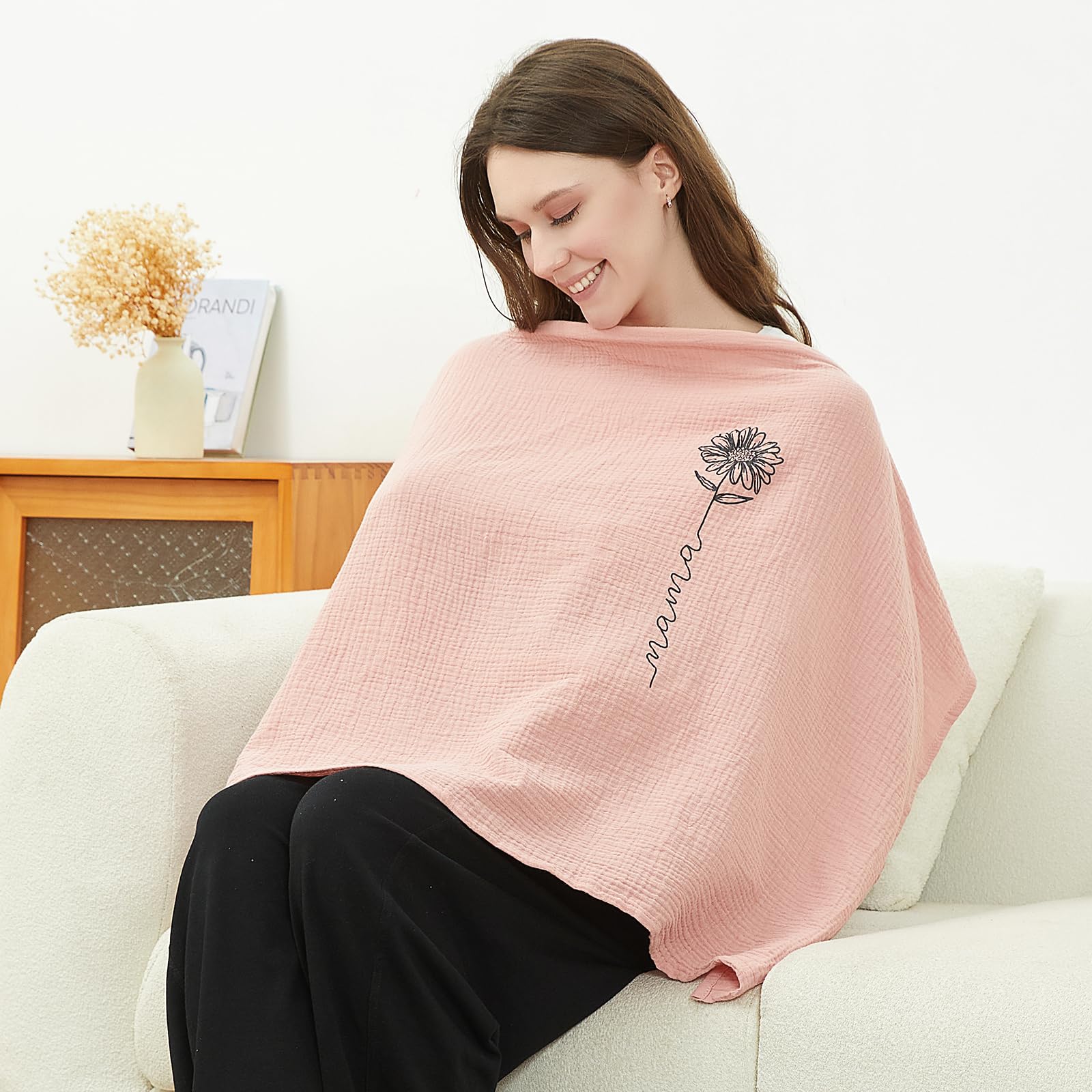 RWRWMOONPUT Muslin Nursing Cover for Baby Breastfeeding, Nursing Clothes with hoop for Mom Breathable, Cotton Multi-use Carseat Canopy (Coral almond)