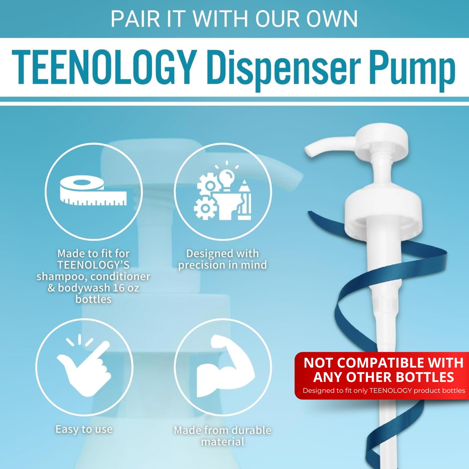 Pump for TEENOLOGY 16 oz. Bottles, 2-Pack – White, Only Compatible with TEENOLOGY Shampoo, Conditioner, and Body Wash, Reusable and Durable, Easy Dispensing for Teenology 16 oz. Bottles