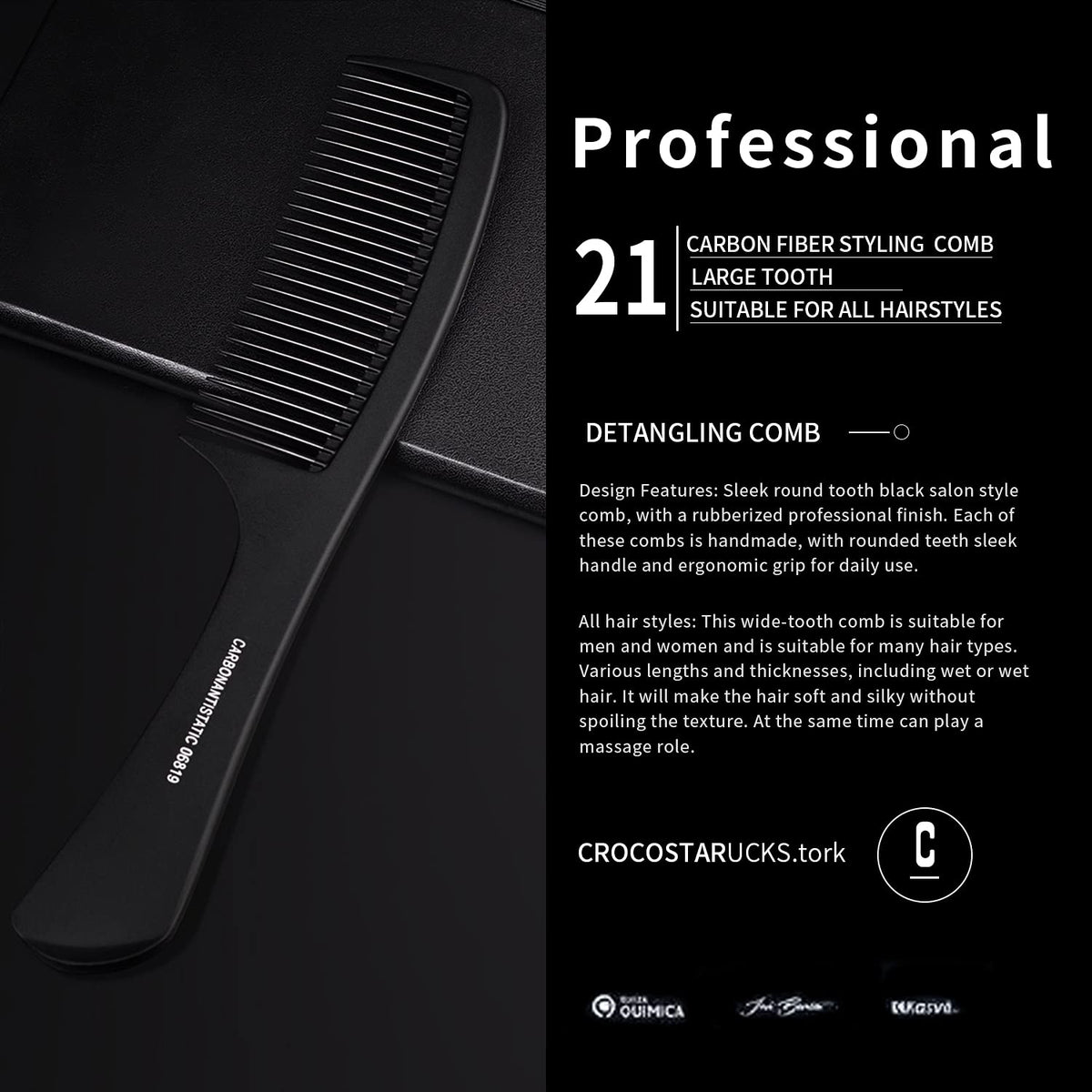 Large Tooth Detangling Comb Professional Handle Carbon Fiber Comb Cutting Hairdressing Comb Styling Essentials Round Tooth Comb Barber Tooth Comb Travel Hair Comb for Men Women