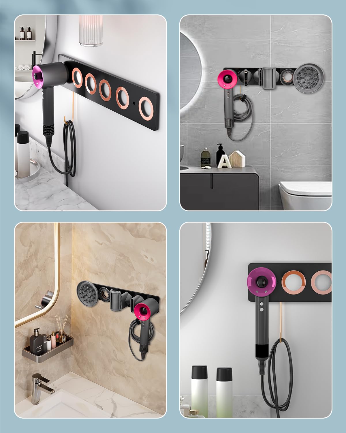 6-in-1 Magnetic Wall Mount for Dyson Supersonic Hair Dryers (HD15, HD08 and Previous Models), with 5 Magnetic Rings for The Accessories (Black)