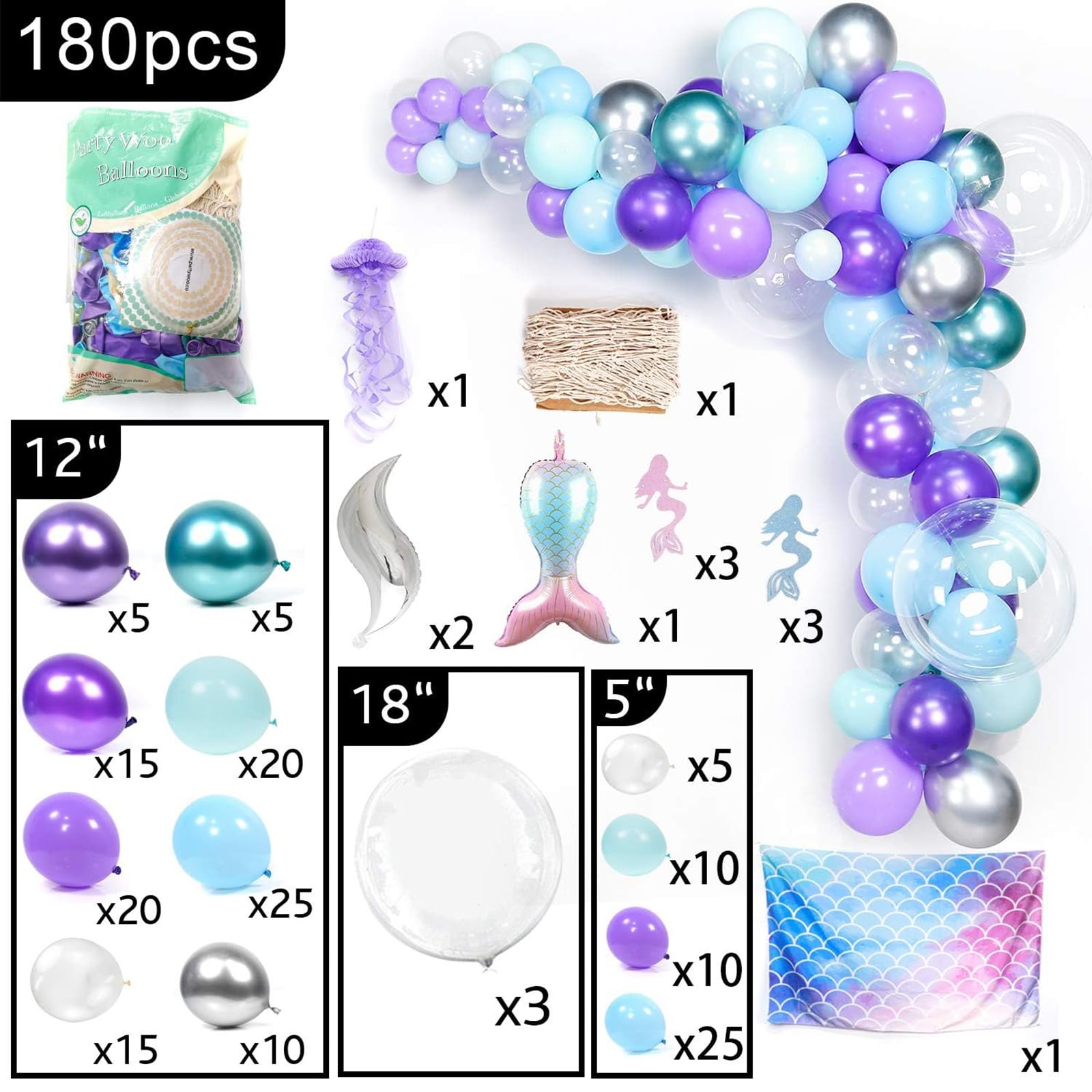 PartyWoo Mermaid Balloons Garland Kit, 180pcs Mermaid Backdrop, Mermaid Tail Balloons, Mermaid Stickers, Paper Jellyfish, Giant Bobo Balloons, Green Silver Purple Metallic Balloons, Blue Mint Balloons