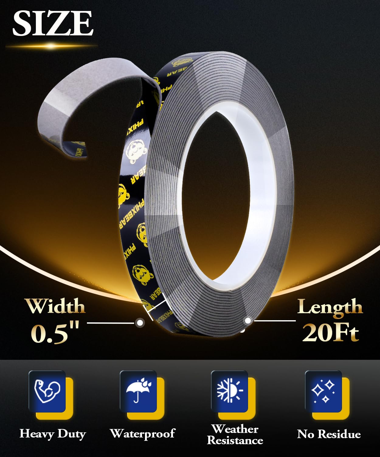 PHIXBEAR High Temperature Heavy Duty Double Sided Tape Resistant, 20 Ft X 0.5In, Strong Adhesion Waterproof Mounting Tape for Multi-Purpose Automotive Parts, LED Strip Ligh, Home, Office