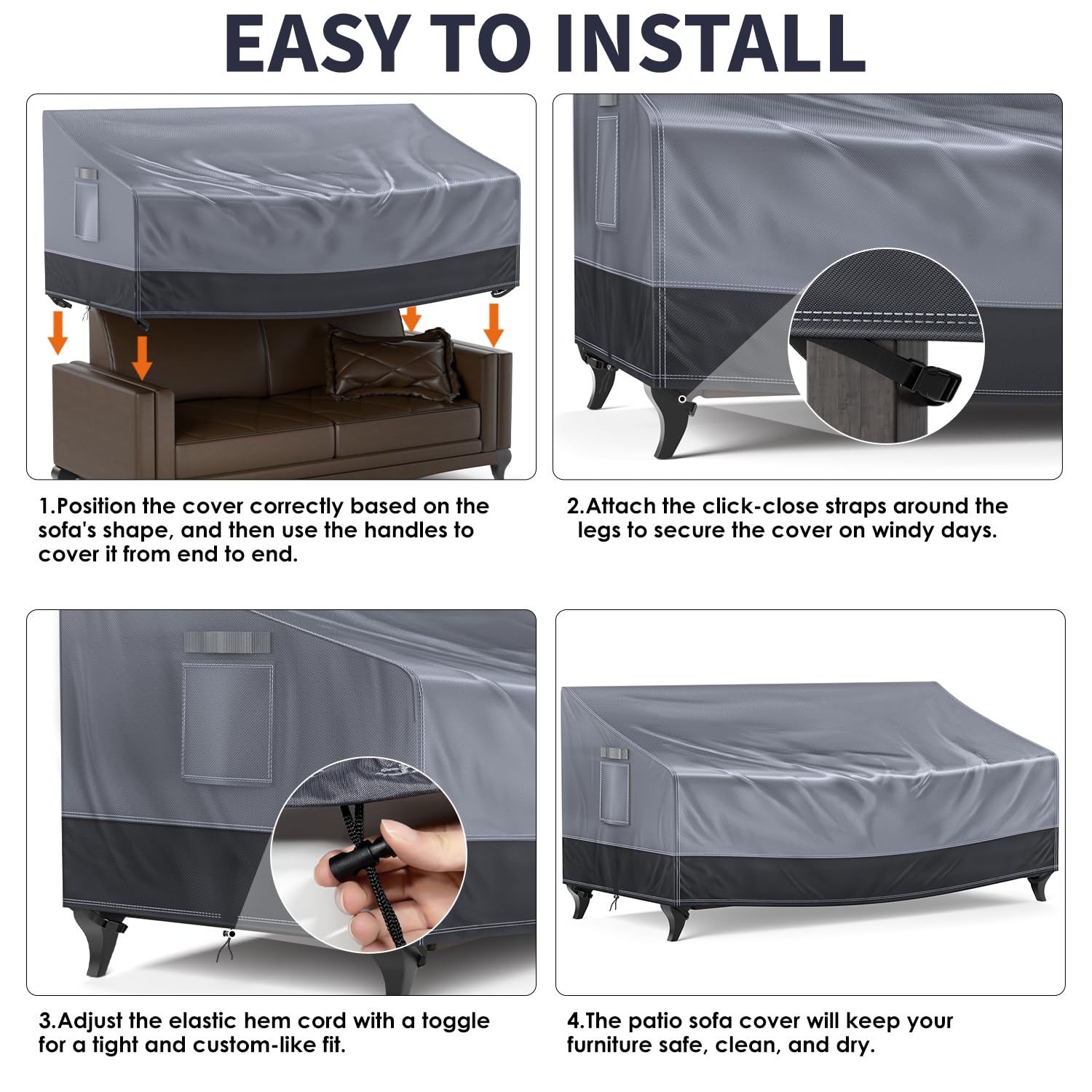 Pertotoy Outdoor Couch Cover Waterproof Patio Furniture Covers, 3-Seater Patio Sofa Cover Heavy Duty 600D Durable UV Anti-Fading, 79" Wx 37" Dx 35" H, Gray/Dark Gray