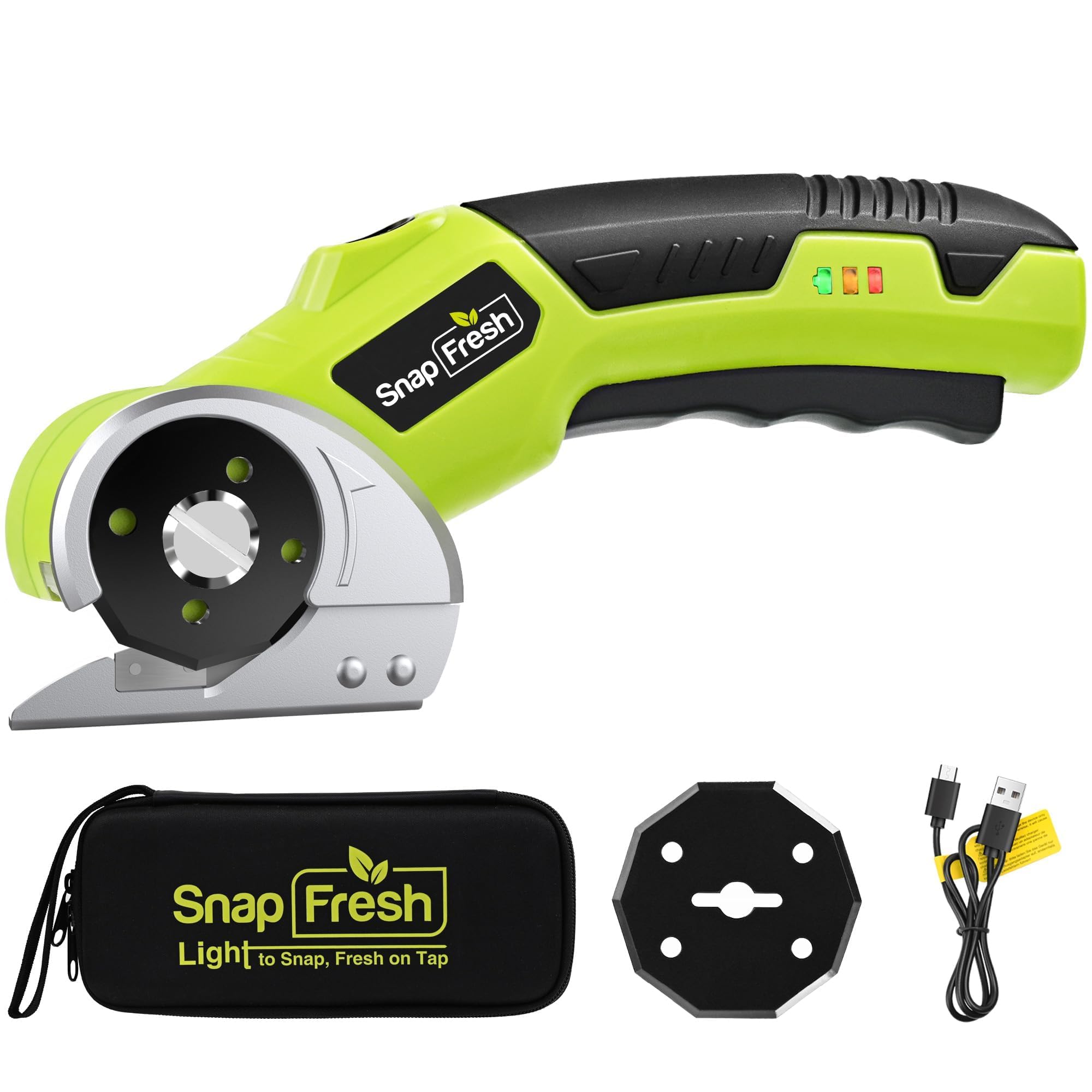 SnapFresh 4V Cordless Electric Scissors, Rechargeable Cardboard Cutter & Box Cutter Rotary Tool, 240 RPM Fabric Carpet Leather Cutter with LED, Extra Blade, 2.0Ah Battery & Storage Bag(SP5091)