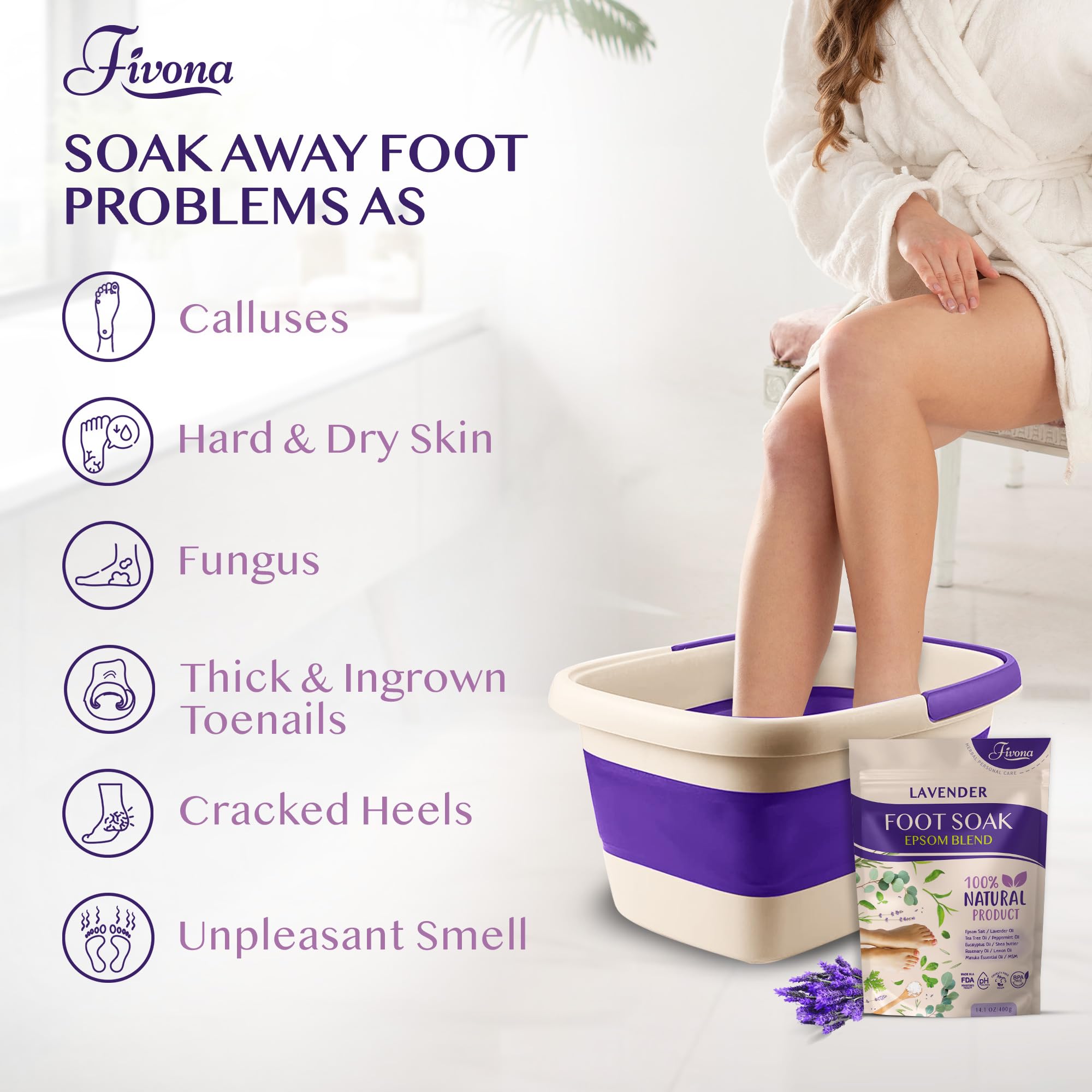 Fivona Foot Care Kit 2 in 1 - Foot Soak Blend with Epsom Salt, Lavender and Essential Oils - Expandable Foot Soak Basin - Pedicure Spa Soak for Tired Feet, Cracked Heels, Stubborn Foot Calluses