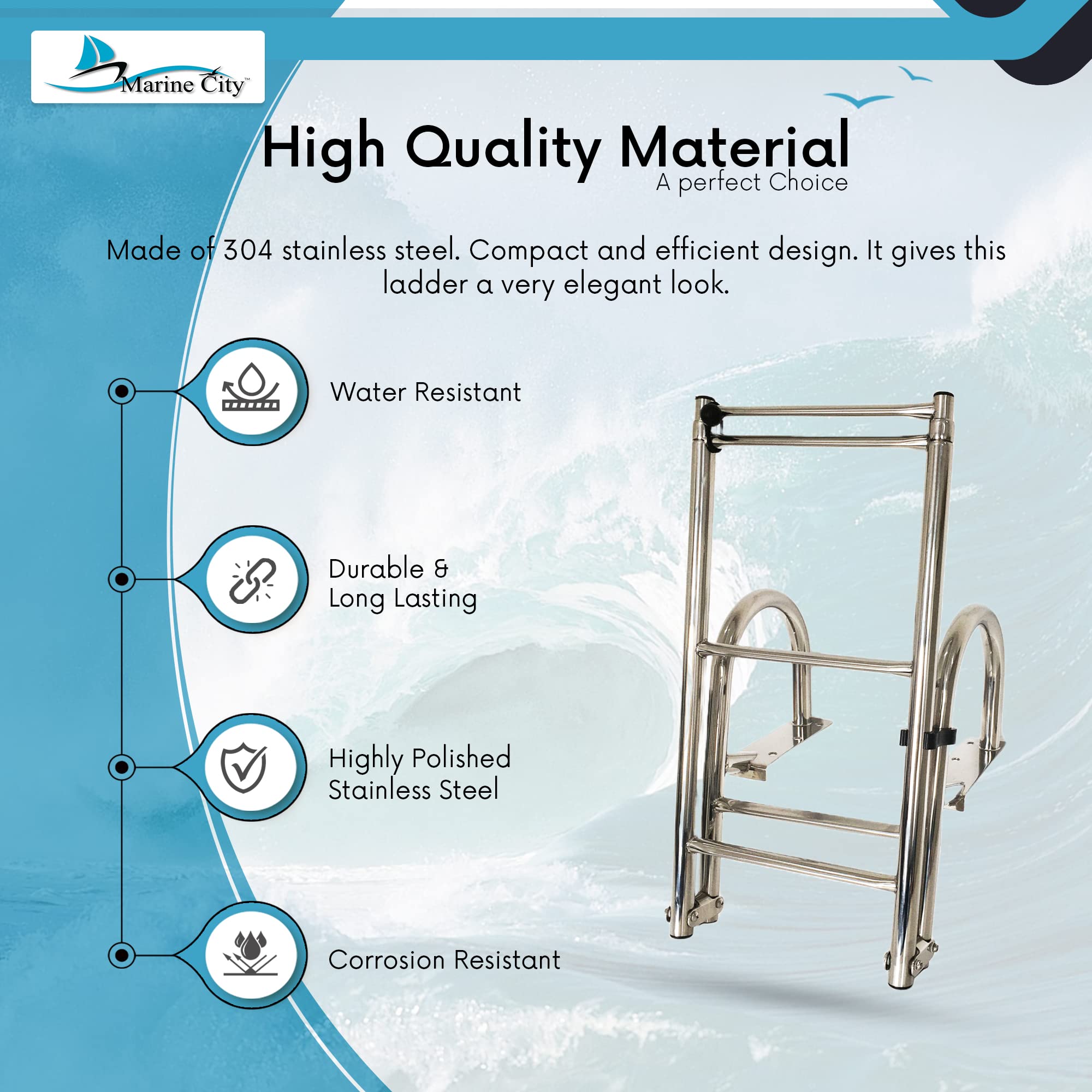 MARINE CITY Stainless Steel Heavy Duty Durable and Sturdy Telescoping Swim Over Platform Boat Ladder with Comfortable Handrails (1 Step+4 Step)
