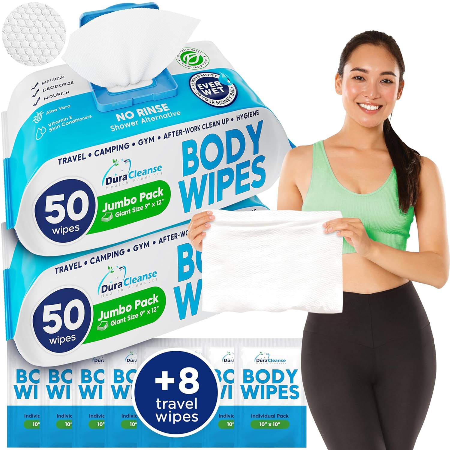 DuraCleanse Body Wipes for Adults Bathing No Rinse (2 Pack) 100 XL Shower Wipes + 8 Travel Bath Wipes - 9" x 12" Extra Thick Adult Disposable Washcloths for Elderly Incontinence & Camping Essentials