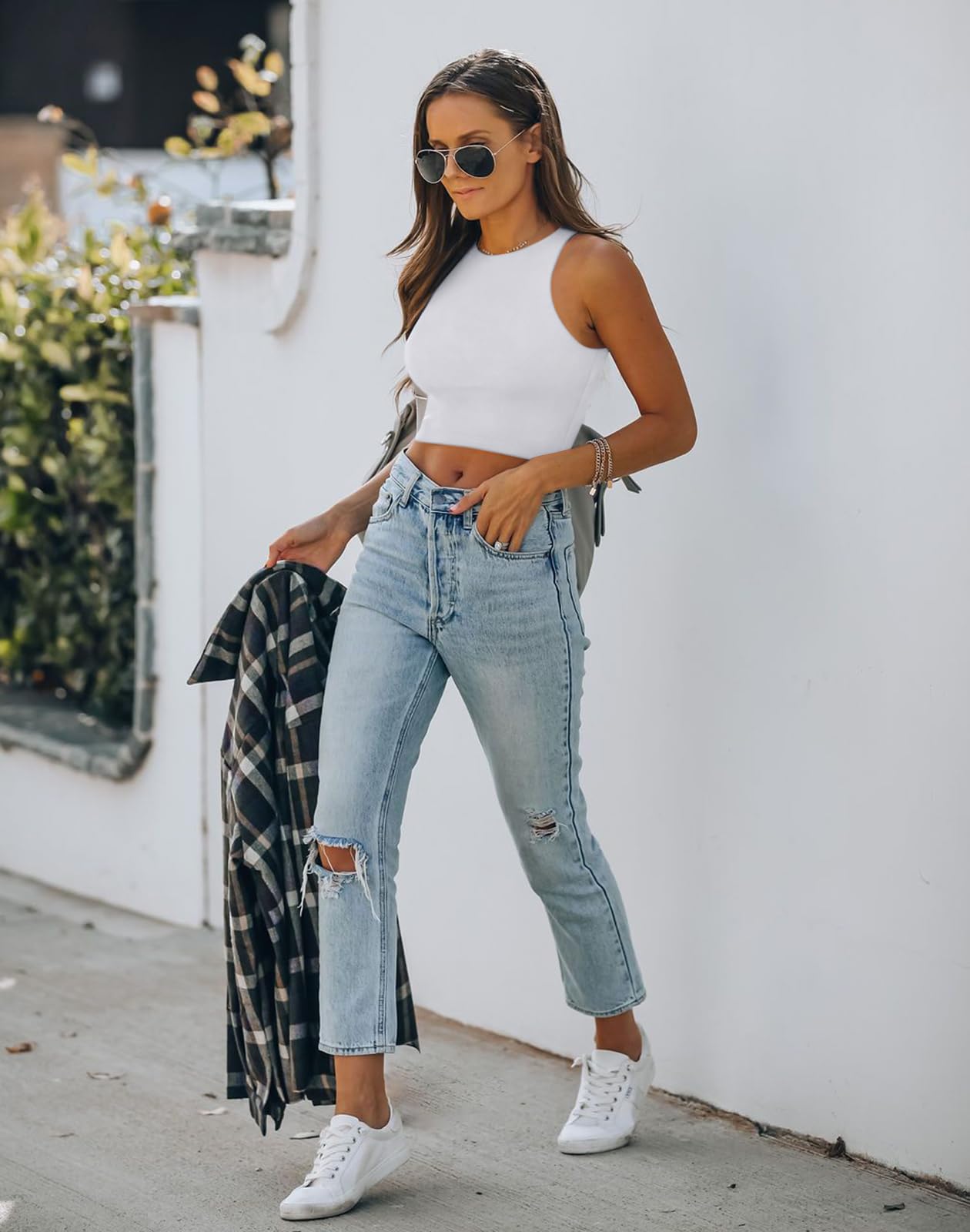 REORIA Women's Sexy Sleeveless High Neck Racerback Cropped Tank Tops Cute Teen Girls Halter Neck Crop Tops Vest White Large