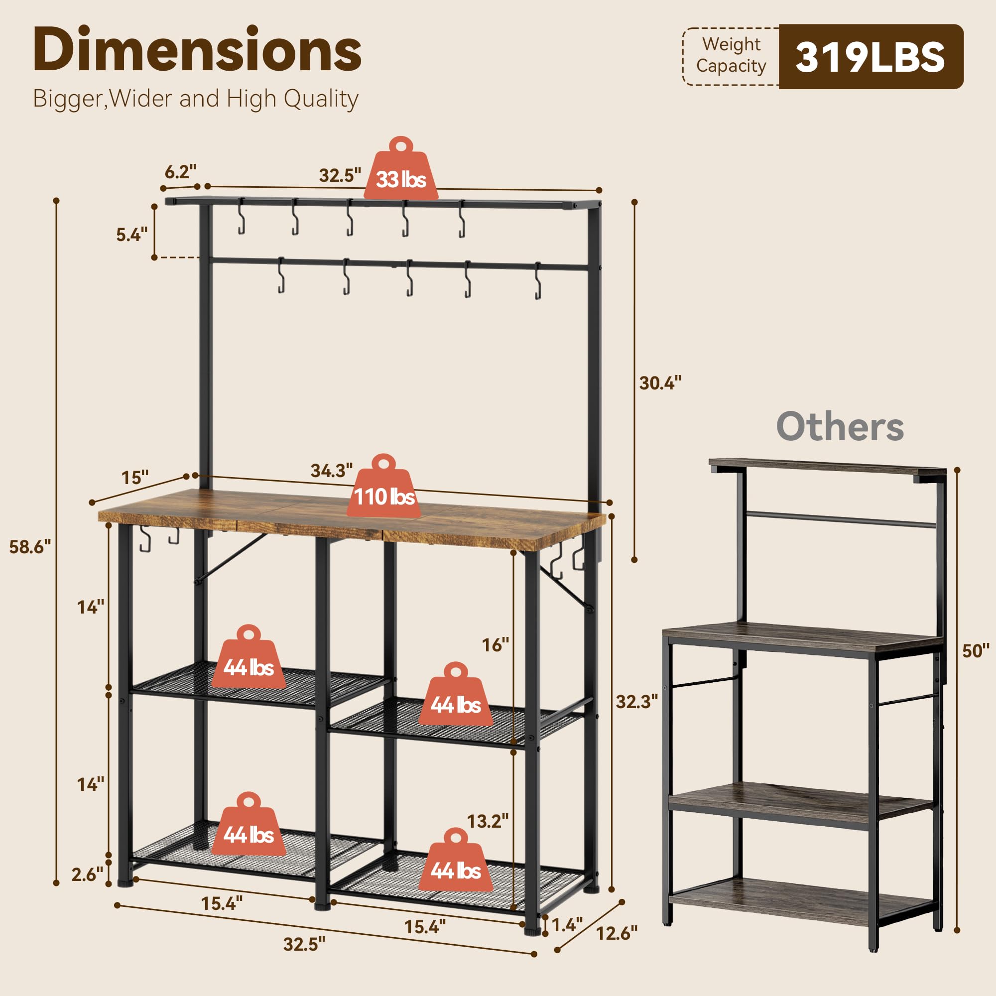 YASONIC Coffee Bar, Bakers Rack with Storage, 34.3 Inches Microwave Stand, 4 Tier Kitchen Shelves Appliance Storage, 14 S Hooks Large Coffee Station for Spices, Pots and Pans, Rustic Brown