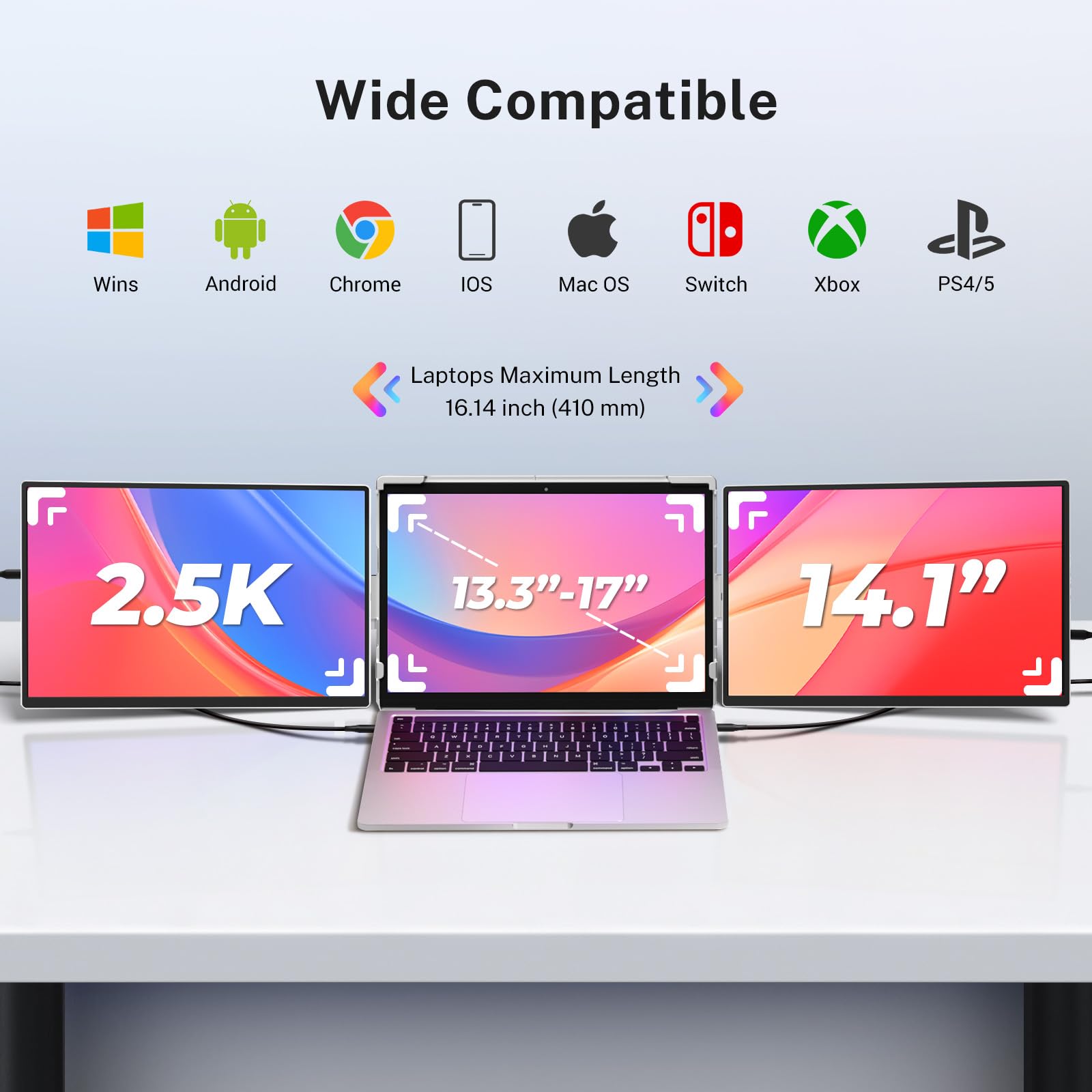 Fzaqwen Triple Screen Laptop Monitor Extender - 2.5K QHD IPS Triple Portable Monitor for Laptop 13.3-17 Inch, Plug Play and Compatible with MacOS/Wins/Chrome/Dex (Silver)