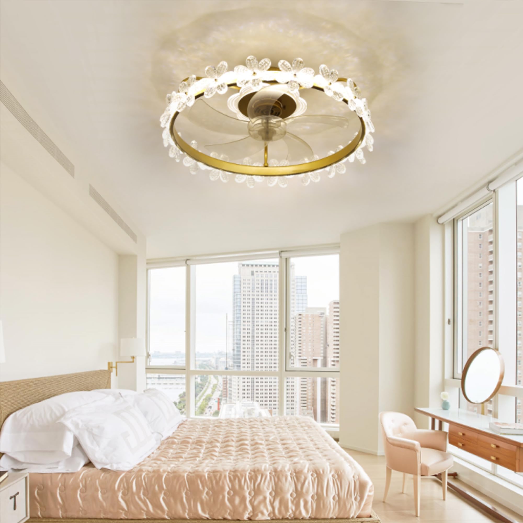 Oaks Aura Fandelier Ceiling Fan with Light and Remote, 22'' Dimmable LED, 3 Colors, 6 Speeds, Flush Mount Low Profile Small Ceiling Fan with APP Control for Kids Room Bedroom