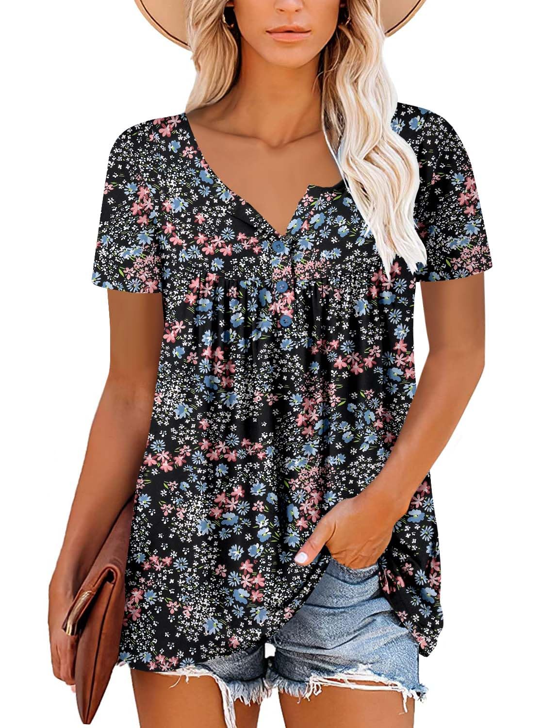 ROSELINLIN Boho Tops for Women Floral Short Sleeve Loose Fit Tunic Tops for Ladies Trendy Floret M