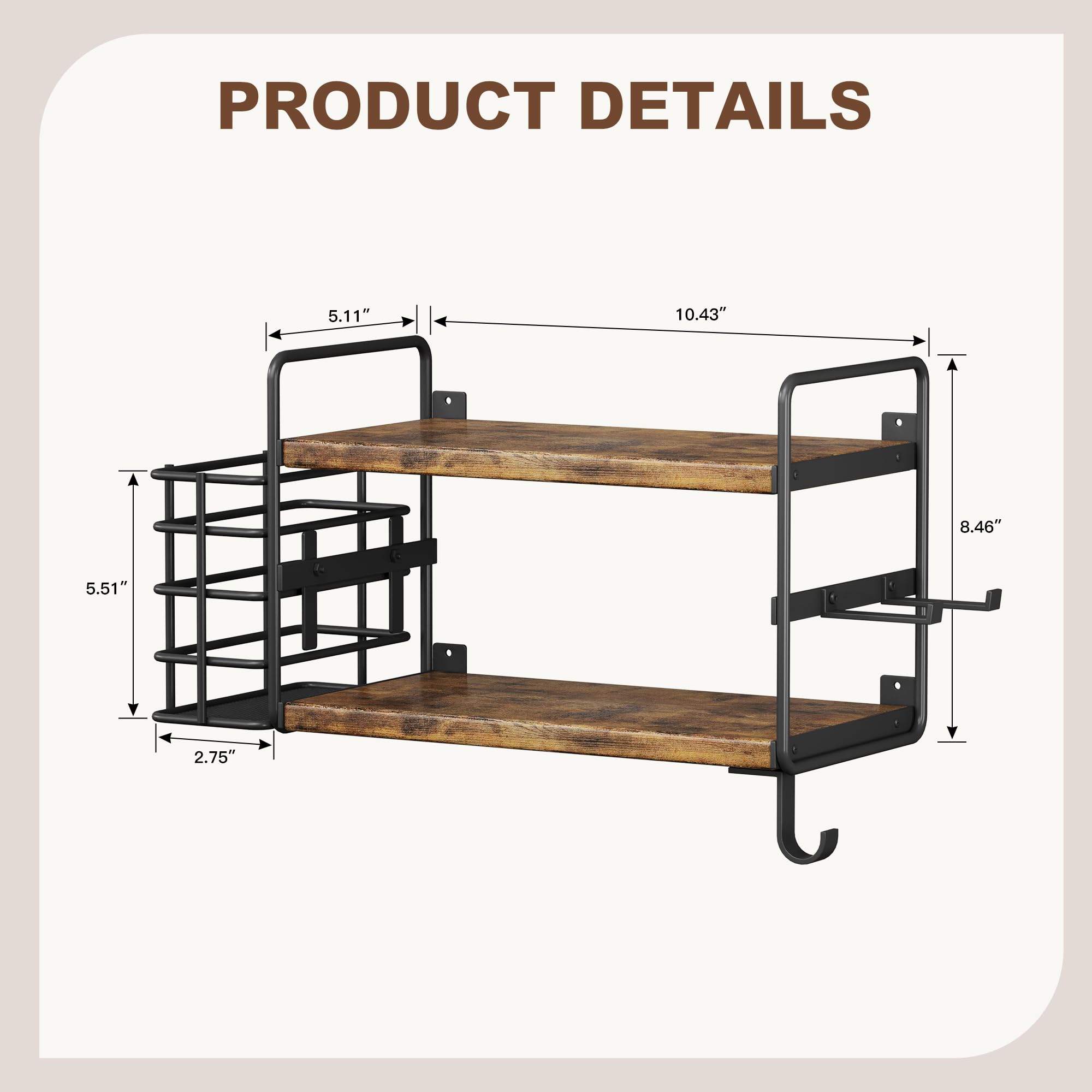 3-in-1 Wall Mounted Hair Dryer Holder with 2 Tier Shelves & Detachable Basket, Space Saving Organizer for Bathroom, Kitchen, Bedroom, Rust-Resistant, Easy Install