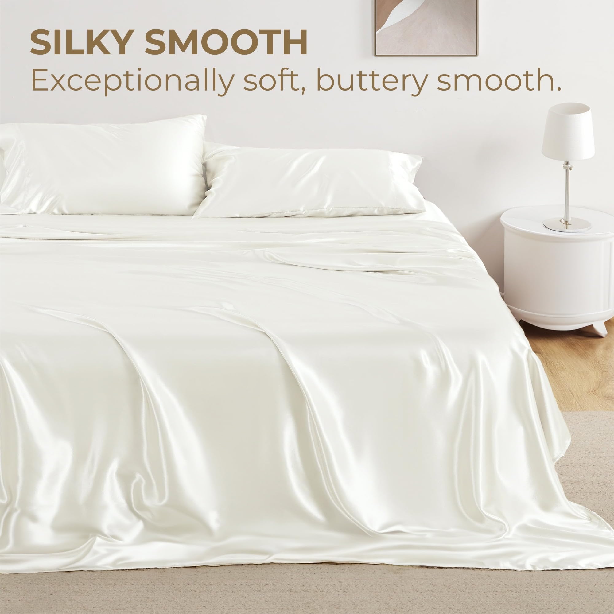 Seasonwood Satin Sheet Set Full Size Sheets Soft 1800 Microfiber 4 Pieces with 2 Pillowcase Ivory