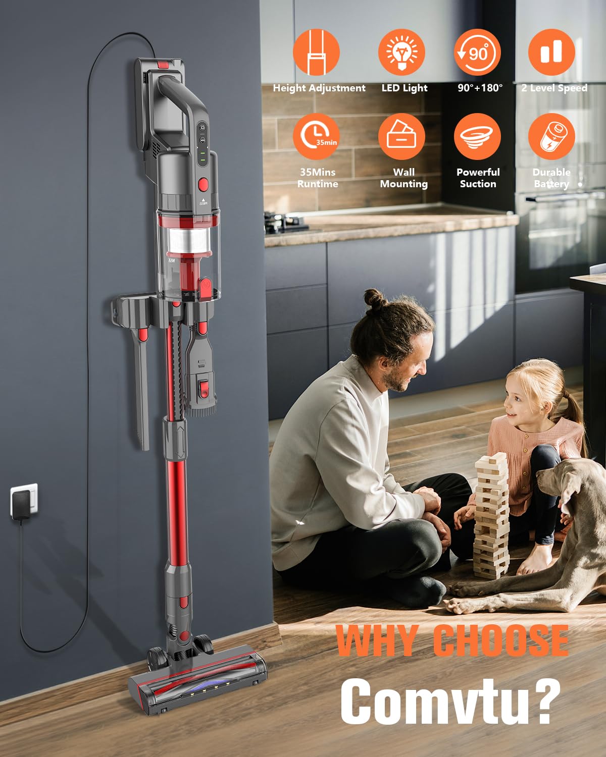 Cordless Vacuum Cleaner Rechargeable with 2200mAh Detachable Battery, Powerful Vacuums with 2 Adjustable Modes, Lightweight Portable Stick Vacuum for Home (Vermilion Red)