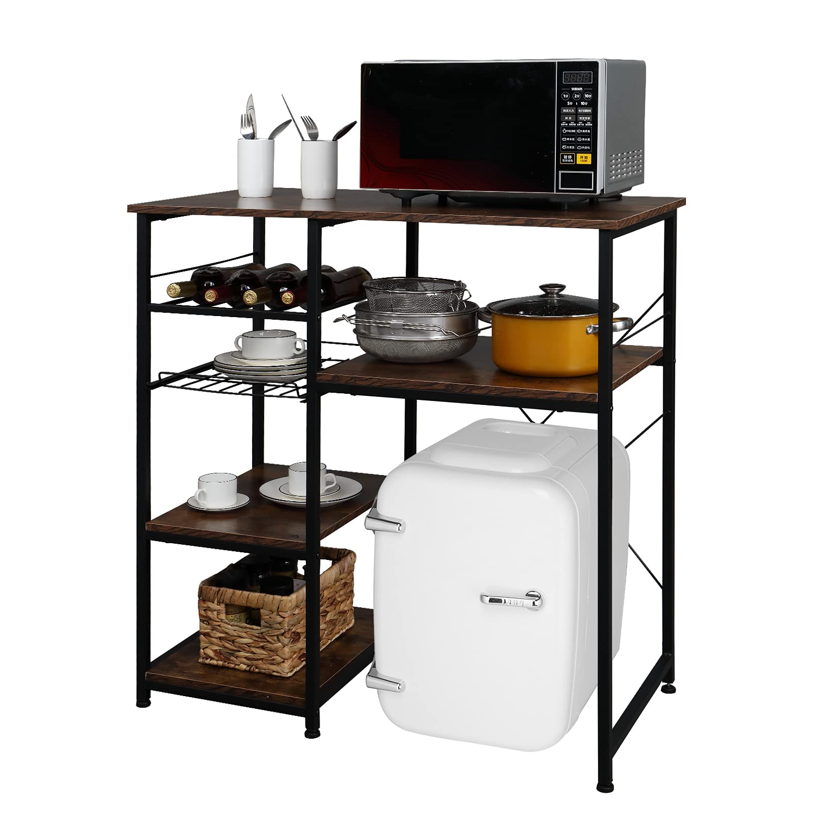 VINGLI Bakers Racks for Kitchens with Storage Mini Fridge Stand Bar Cabinet with Mini Fridge Space, Big Drawer, Wine Rack, Metal Frame Industrial Workstation Microwave Oven Stand 4-Tiers