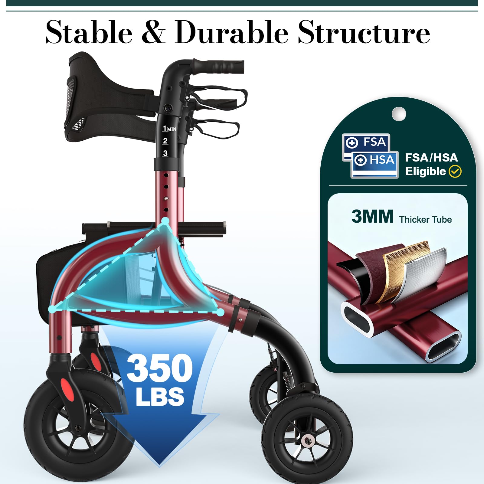 HolyHeal Walkers for Seniors, Rollator Walker with Seat and Backrest, 10" Big Wheels All Terrain, Rolling Walker Foldable Supports 350lb, Lightweight & Height Adjustable, Cane & Cup Holder, Burgundy