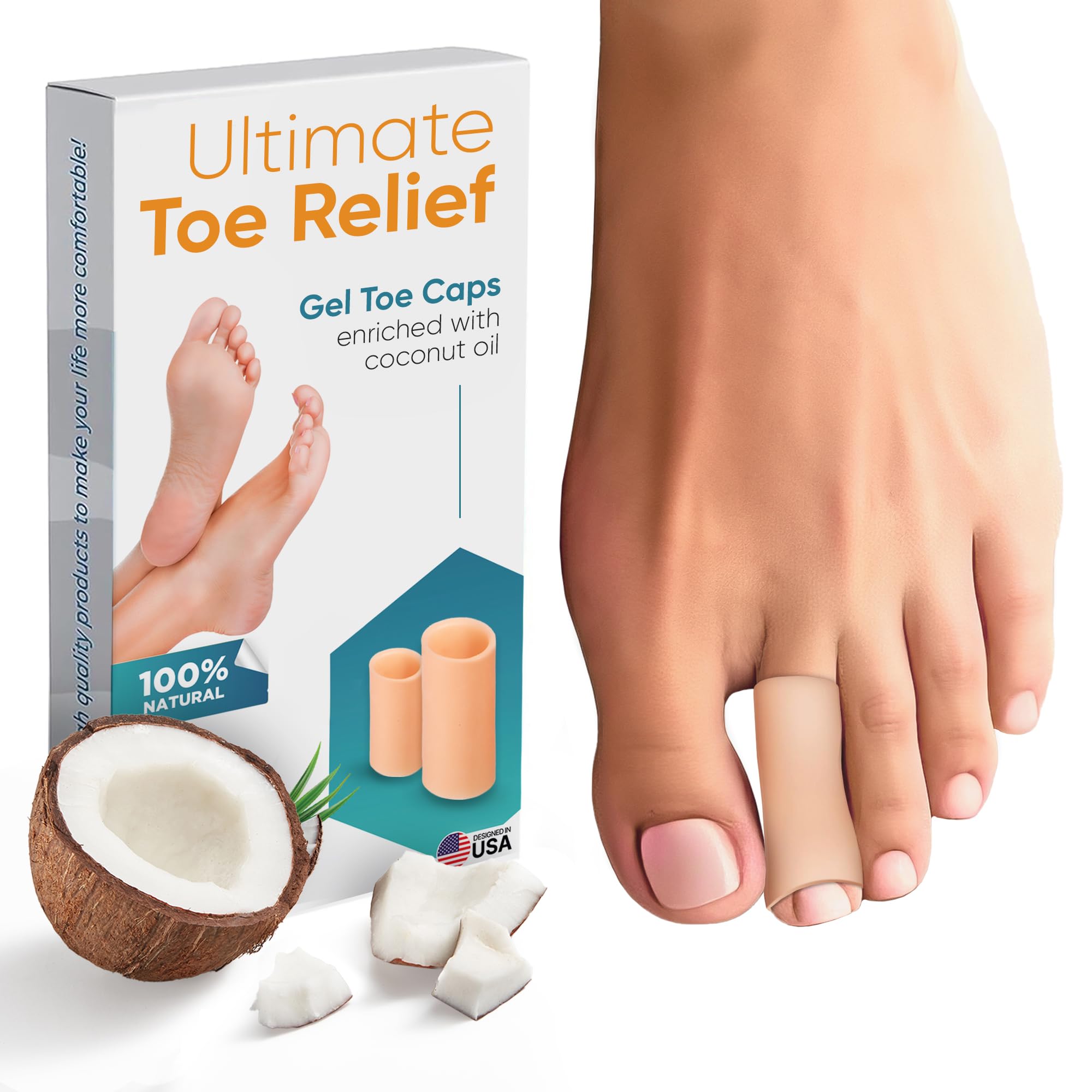 Soft Gel Toe Cap with Coconut Oil Extract - 6 Pack Small Protectors for Women & Men, Cushioning Toe Sleeves to Provide Relief from Missing/Ingrown Toenails, Corns, Calluses, Blisters