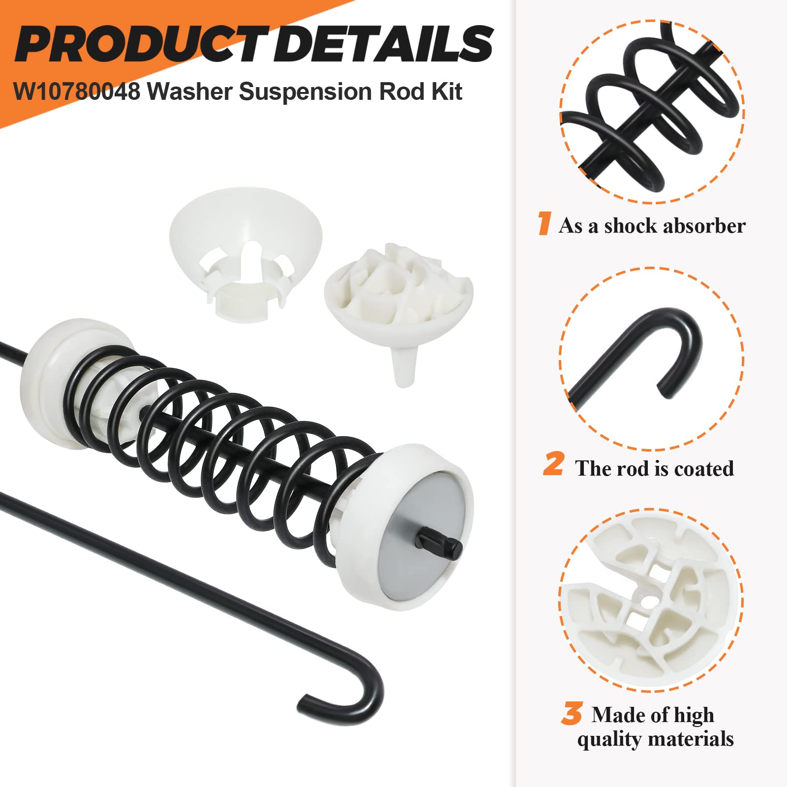 γ2025 UPGRADEDγW10780048 WTW4800XQ4 WTW4800XQ1 RTW4640YQ1 ATW4675YQ1 Washer Suspension Rod Kit(4 packs) by Beaquicy - Replacement for Whirlpool Ken-more Admiral May-tag Washing Machine