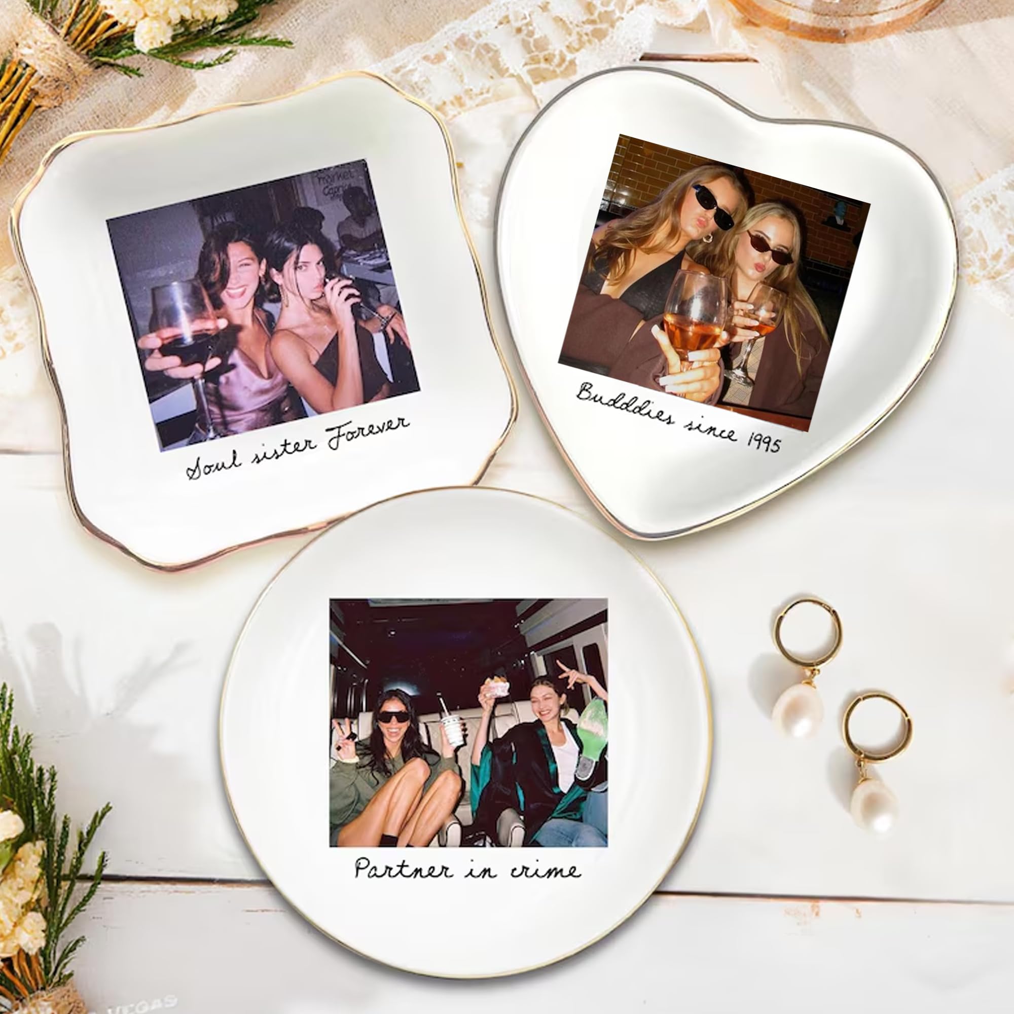 Hugsly Personalized Besties Photo Ring Dish, Custom Jewelry Dish Gift for Besties, Soul Sister Trinket Gift for Long Distance Friendship Women BFF Anniversary Birthday Wedding Gifts 1