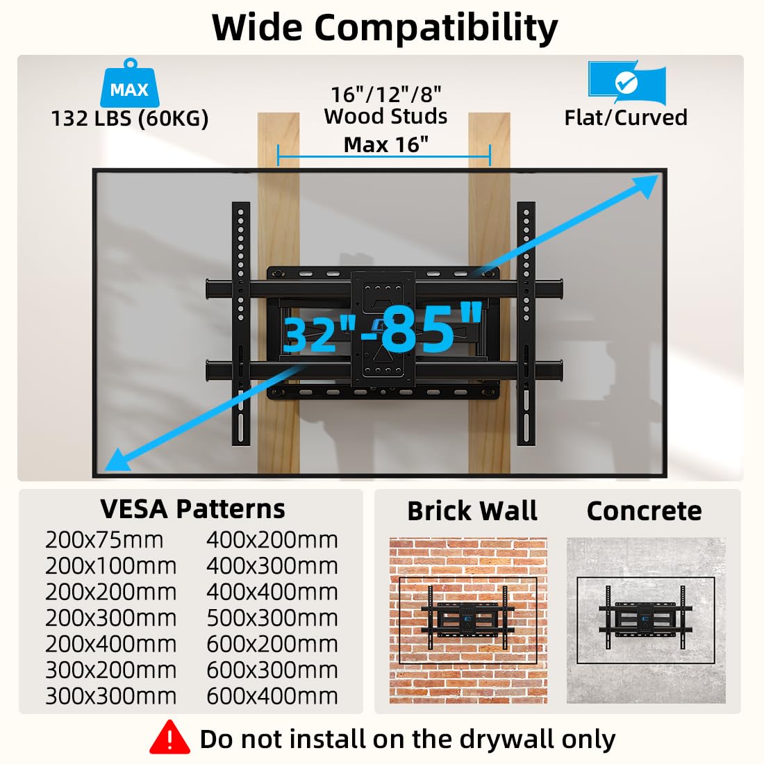 HOME VISION Full Motion TV Wall Mount for Most 32-85 inch TVs up to132lbs, Wall Mount TV Bracket Dual Articulating Arms, Swivel, Tilting, Leveling TV Mount, Max VESA 600x400mm, Fits 8"12"16" Wood Stud