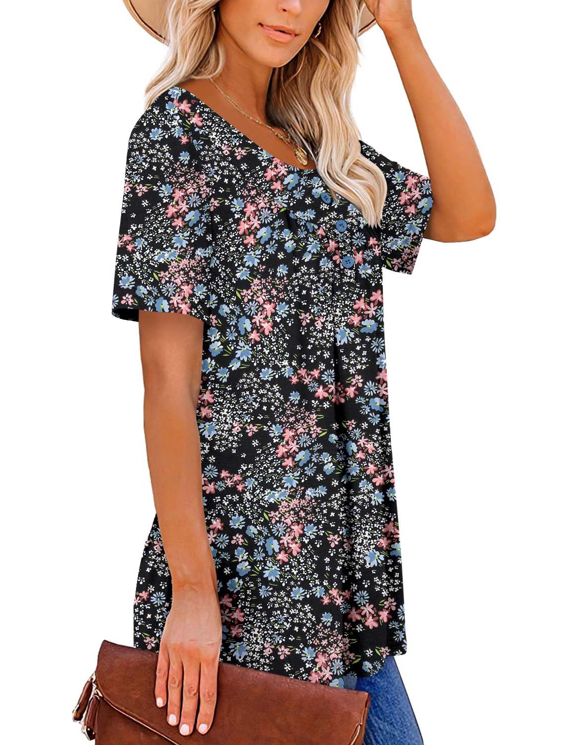 ROSELINLIN Boho Tops for Women Floral Short Sleeve Loose Fit Tunic Tops for Ladies Trendy Floret M