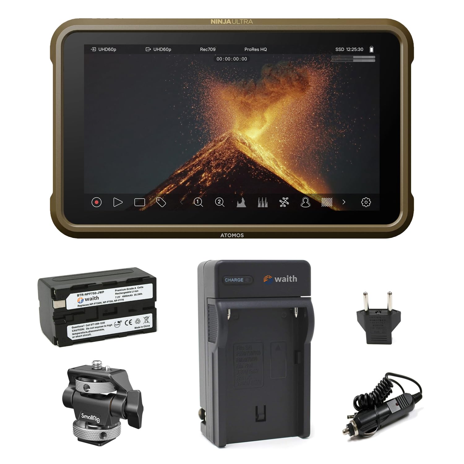 Atomos Ninja Ultra 5.2" Touchscreen Display 4K HDMI Recording Monitor with Power Battery + Charger Combo (NP-F750), Swivel and Tilt Adjustable Monitor Mount Bundle Set