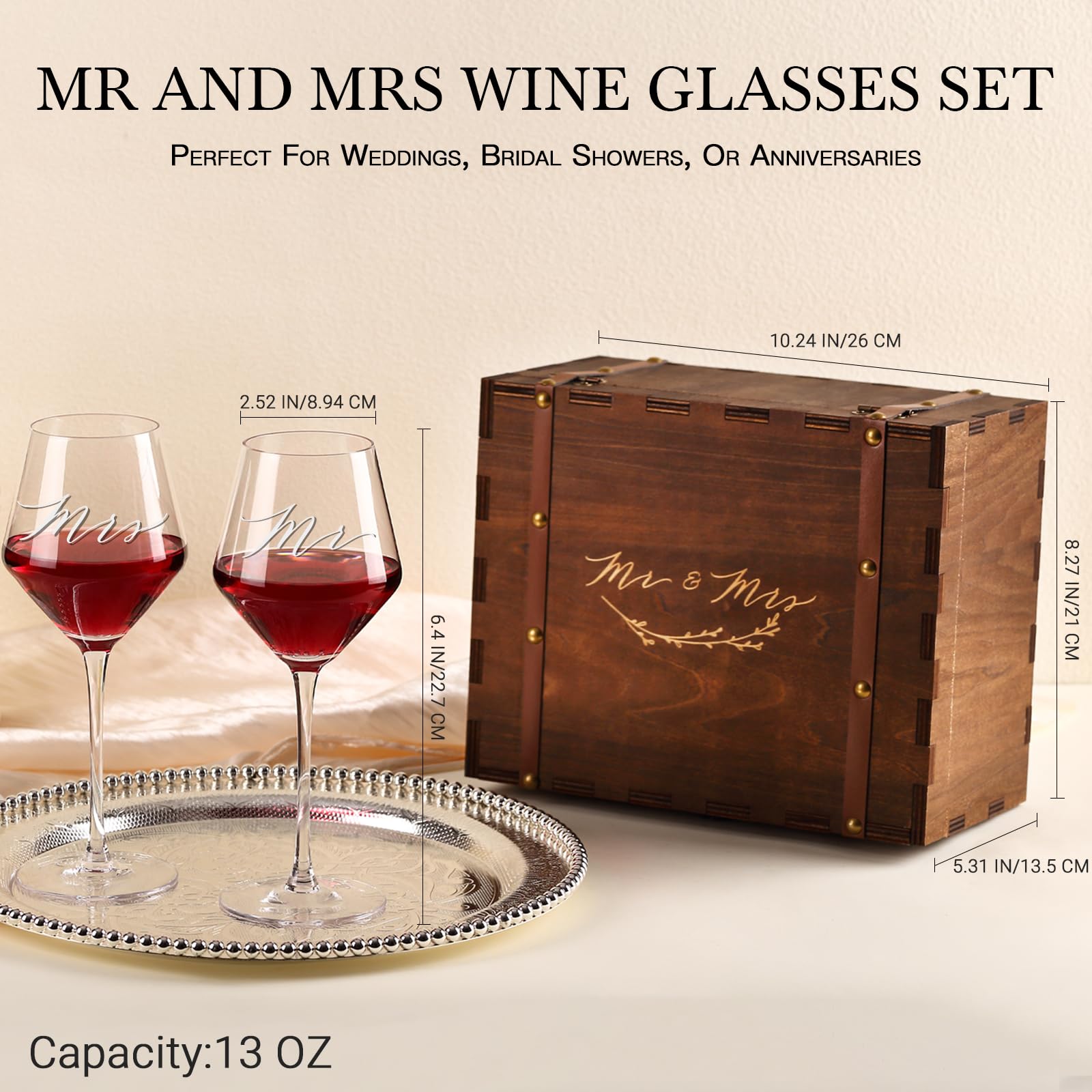 SIPBYSOP Mr Mrs Wine Glasses Gifts for Wedding/Engagement/Bridal Shower,Classy Engagement Present,WEDDING Gift for Couples,Women,Bride to be,Newlyweds-Wedding Keepsake Box with Wine Accessories