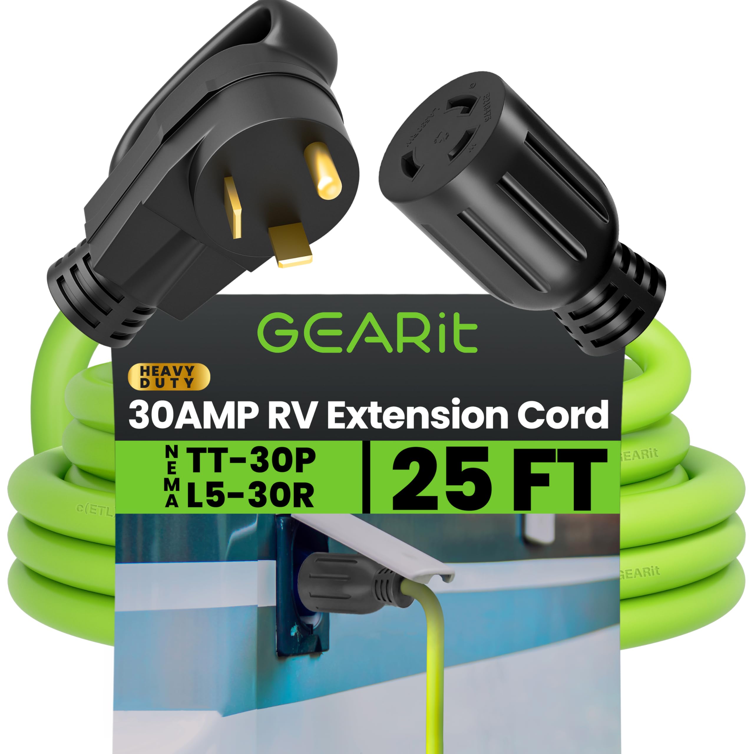 30 Amp RV Extension Cord, GEARit (25 Feet) 3-Prong 125/250-Volt 10/3 STW 10AWG Gauge SJTW Locking Cable, NEMA TT-30P to L5-30R, RV Outdoor Camper Trailer Portable Generator Power Cord- 25ft