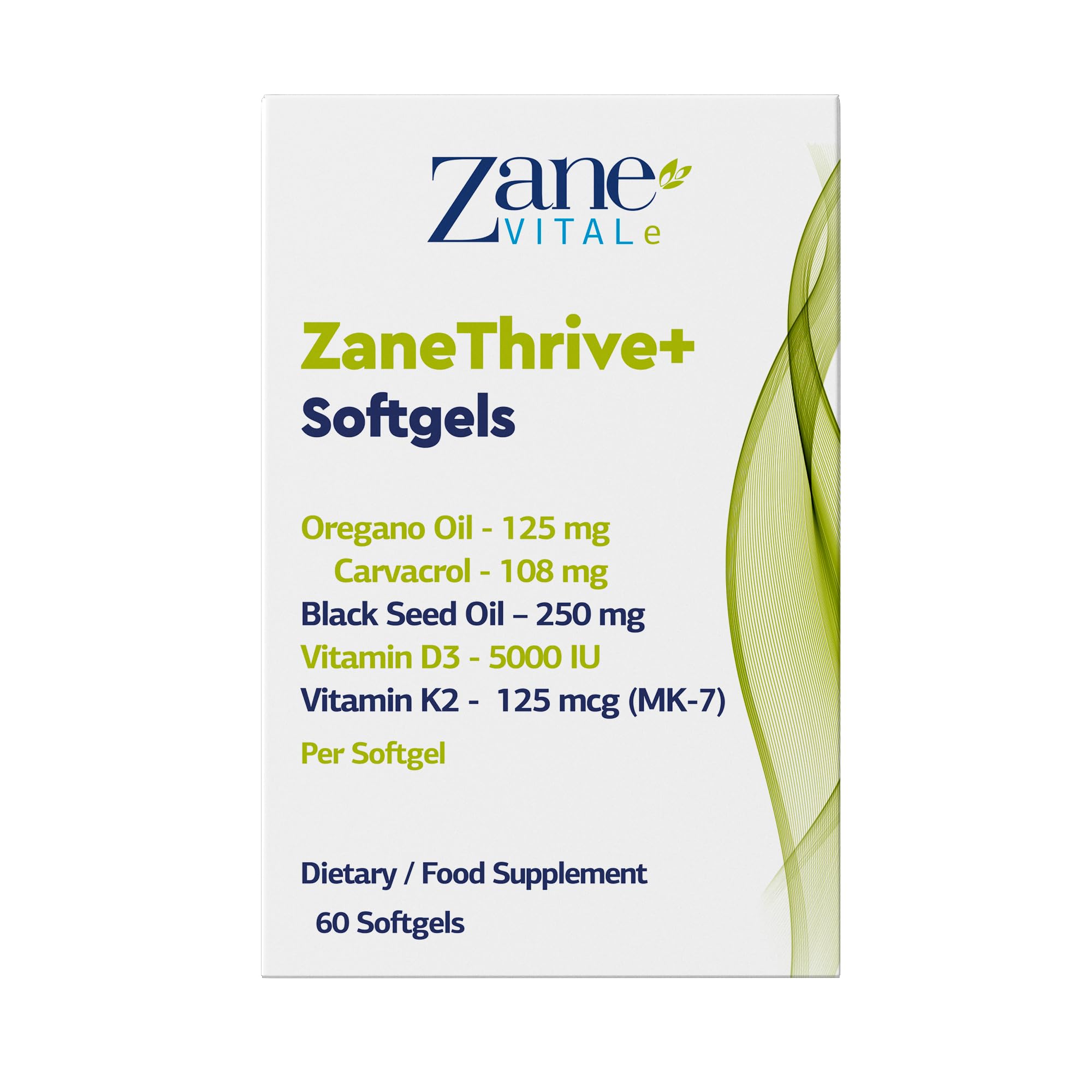 ZaneThrive+ Vitamin D3 & K2, Oregano Oil, Black Seed Oil Supplement - High Potency - Immune & Bone Wellness - with Carvacrol & Thymoquinone - Non-GMO, Gluten-Free - 60 Softgels by Zane Vital.