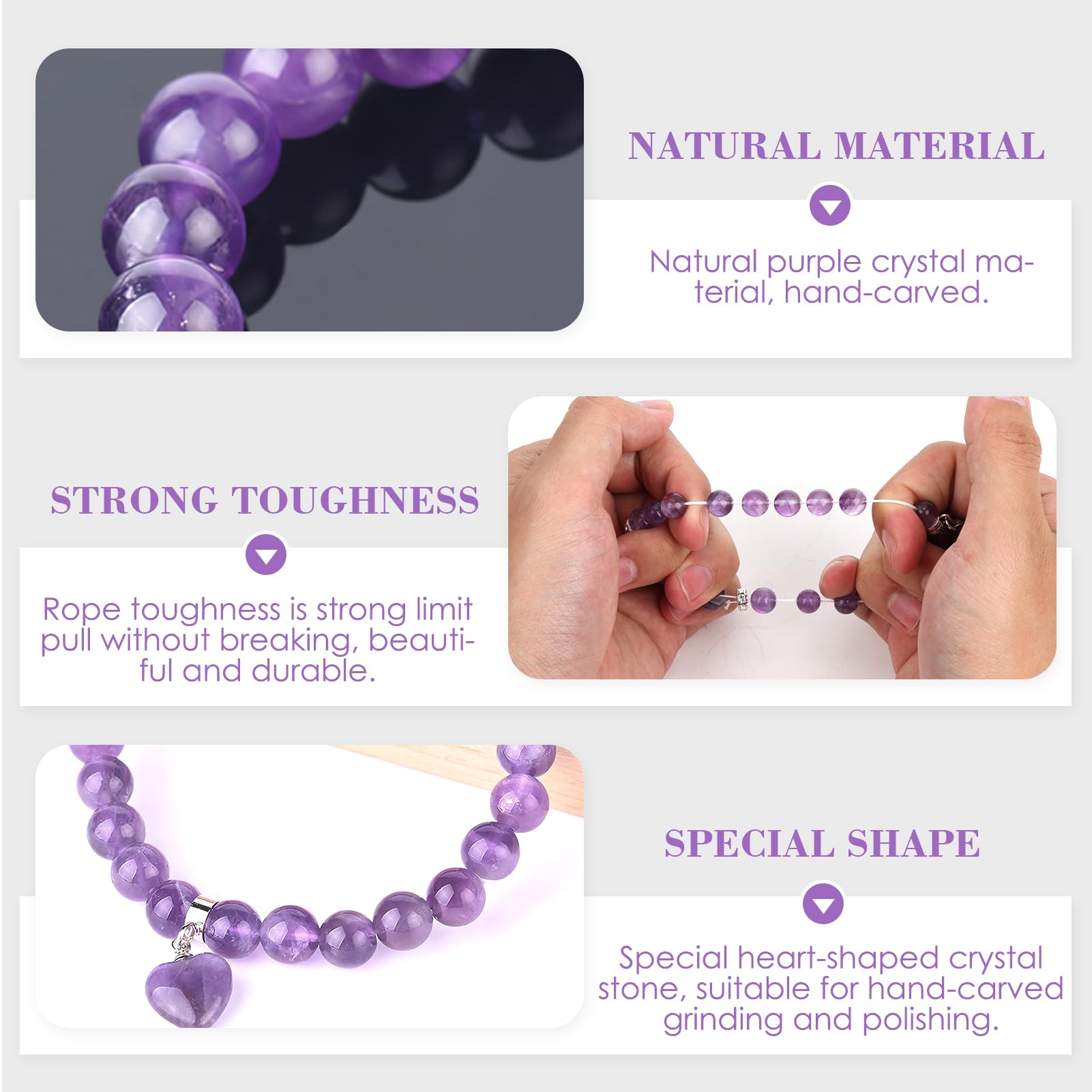 Jawfait Amethyst Healing Stone Bracelet for Women,Heart Charm Beads Crystal Energy Bracelet Stretch 8mm Handmade Jewelry