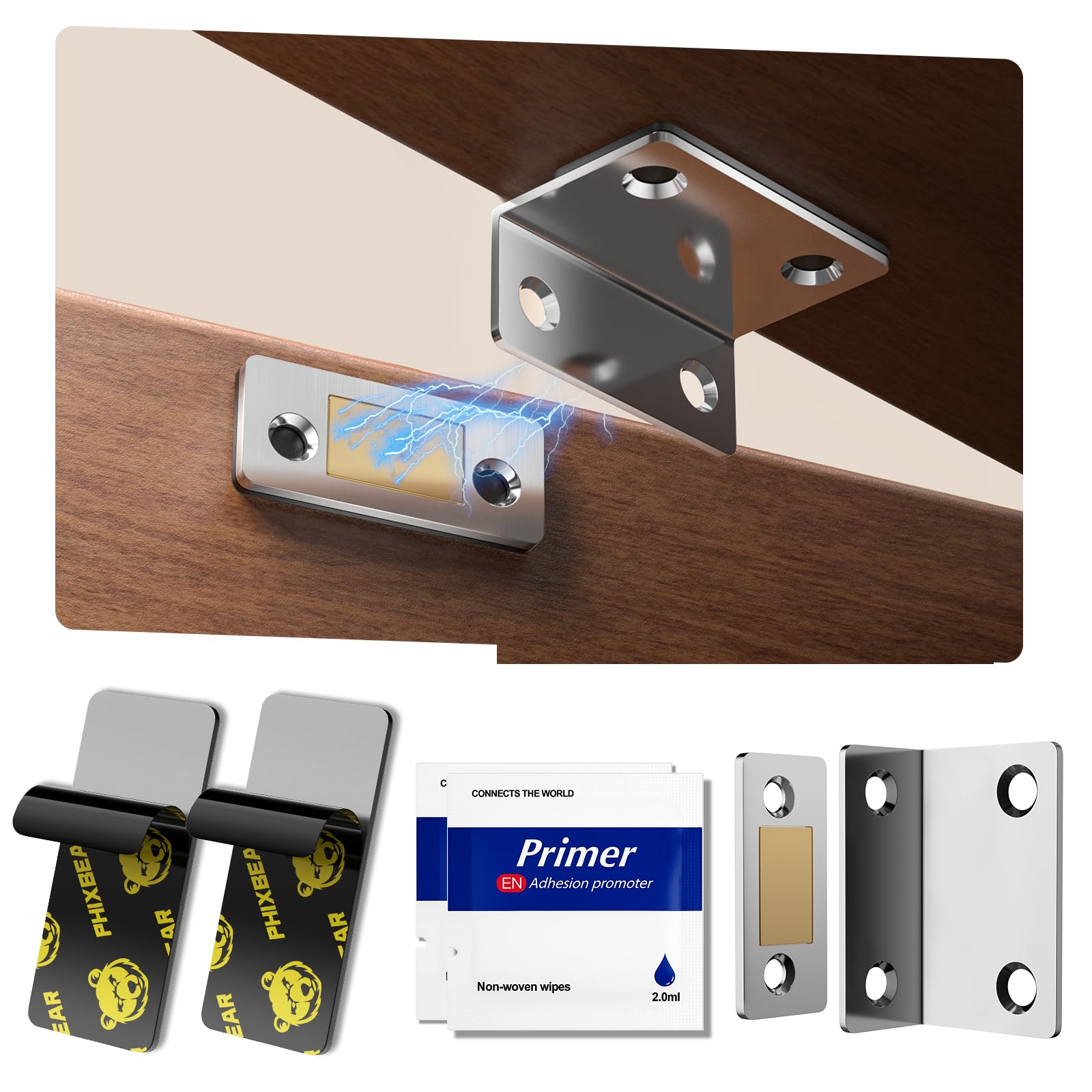 PHIXBEAR Strong Invisible Magnetic Cabinet Door Catch with Pro+ Adhesive, 6 Sets L-Shaped Pro Adhesive Magnets, Easy Install for Kitchen & Closet